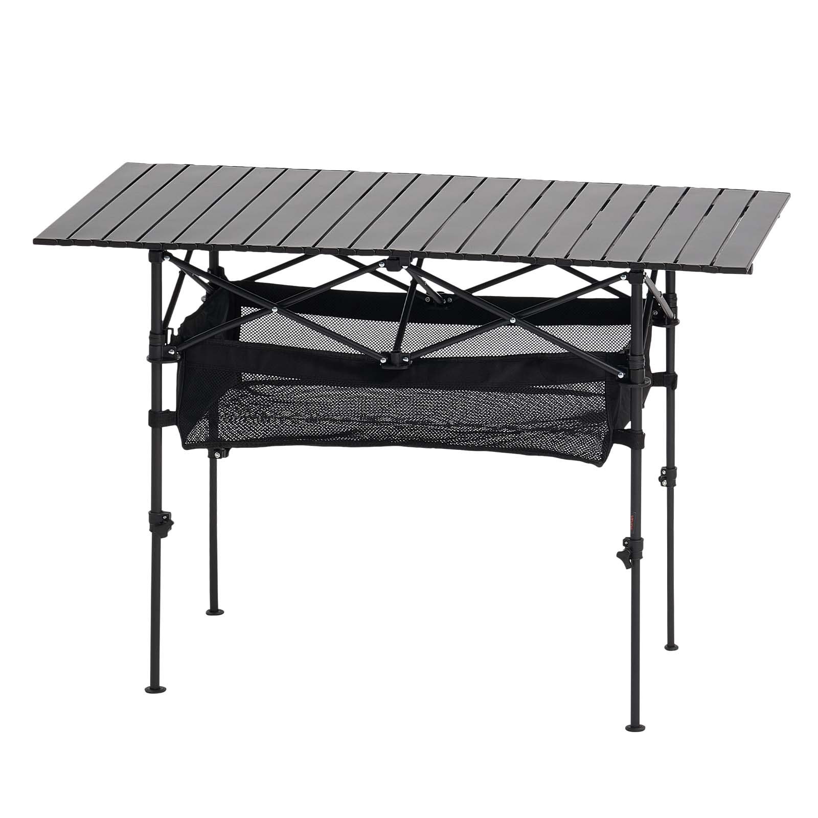 VEVOR Mesa de Camping Plegable Portátil Enrollable, Aluminio, con Altura Ajustable, Bolsa de Almacenamiento Grande y de Transporte, para Barbacoas, Picnics, Viajes, 1200 x 550 x 500 mm, Negro
