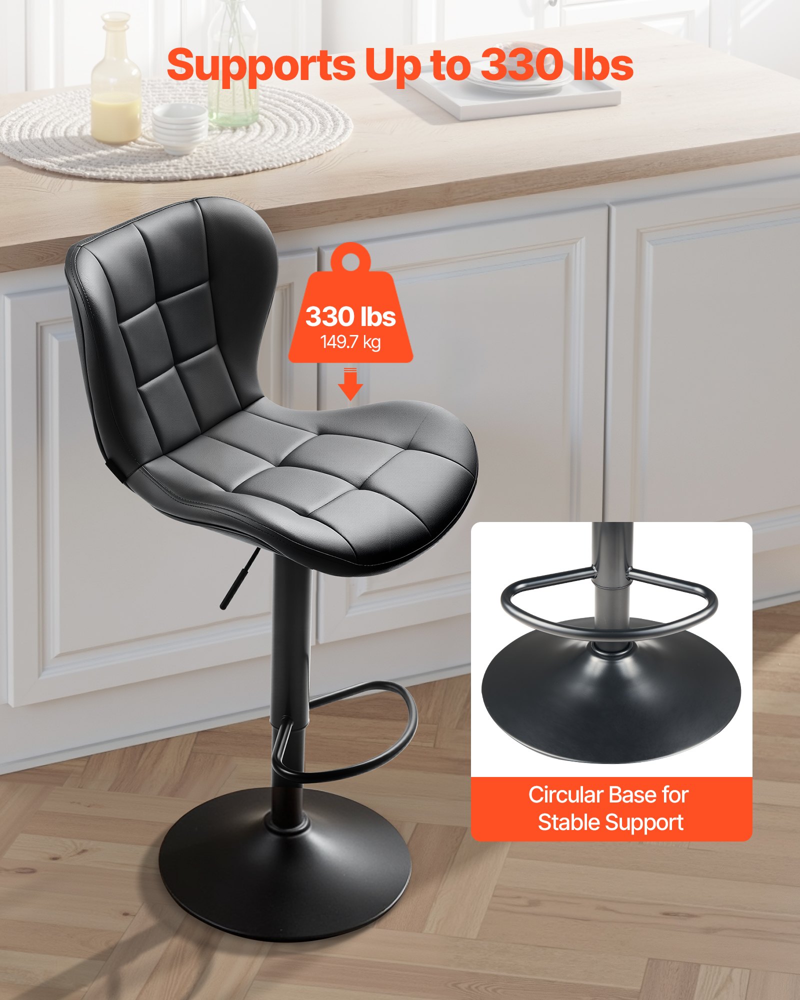 VEVOR Taburete de Bar Modernos de Piel Sintética con Altura de Mostrador, con Respaldo y Reposapiés, Altura Ajustable, para Cocina y Comedor, Carga 149,7 kg, Negro, 470 x 535 x 890/1100 mm, 2 uds