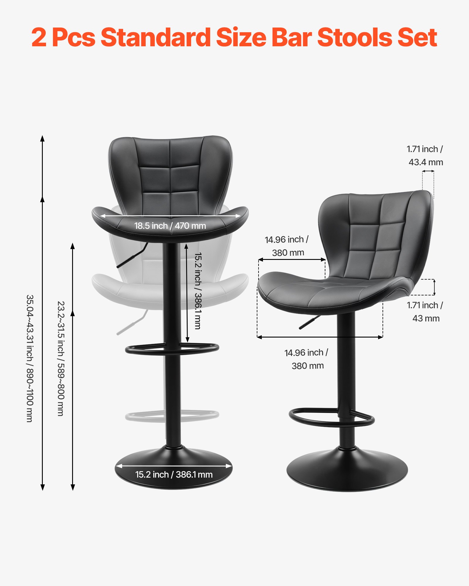 VEVOR Taburete de Bar Modernos de Piel Sintética con Altura de Mostrador, con Respaldo y Reposapiés, Altura Ajustable, para Cocina y Comedor, Carga 149,7 kg, Negro, 470 x 535 x 890/1100 mm, 2 uds