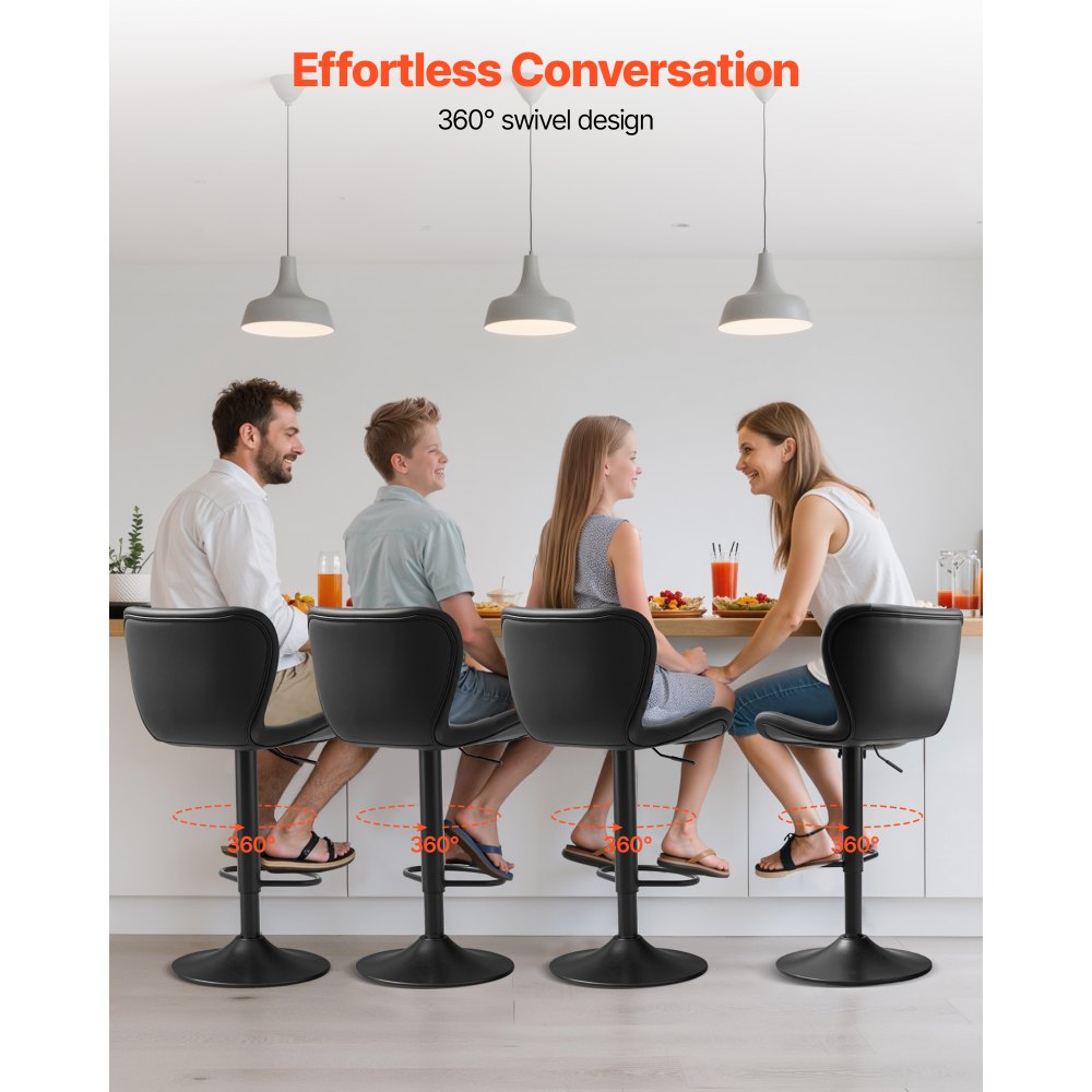 VEVOR Juego de 4 Taburetes de Bar Modernos de Piel Sintética, con Rotación de 360°, Respaldo y Reposapiés, Altura Ajustable, Carga de 149,7 kg, para Comedor, Color Negro, 470 x 535 x 890/1100 mm