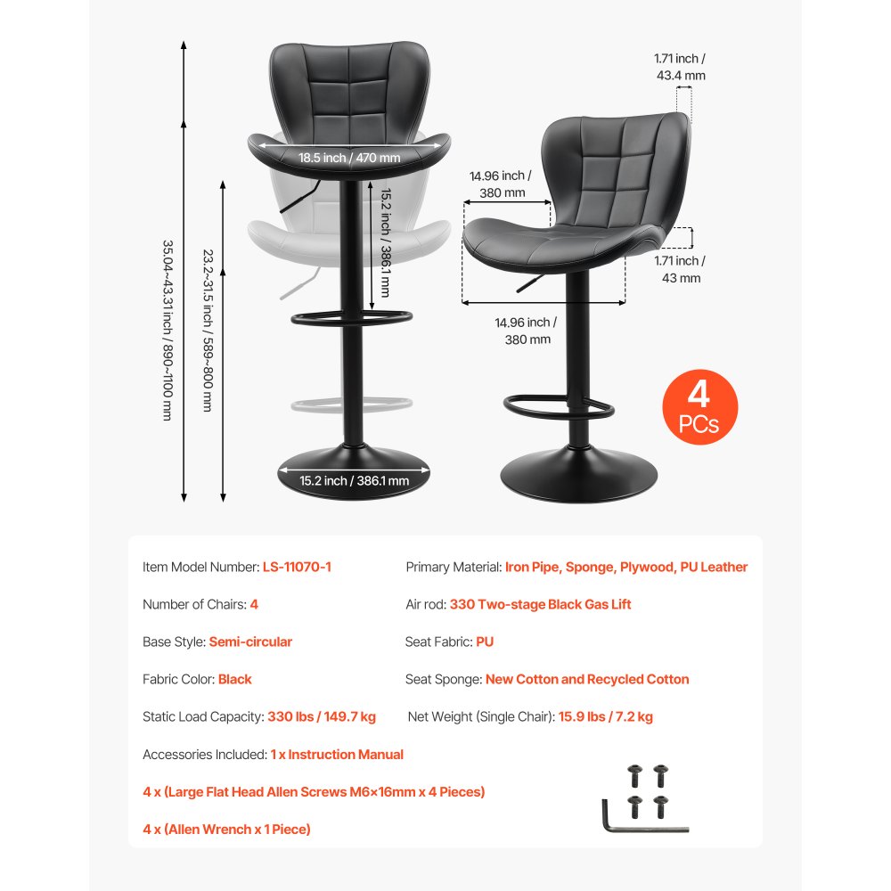 VEVOR Juego de 4 Taburetes de Bar Modernos de Piel Sintética, con Rotación de 360°, Respaldo y Reposapiés, Altura Ajustable, Carga de 149,7 kg, para Comedor, Color Negro, 470 x 535 x 890/1100 mm