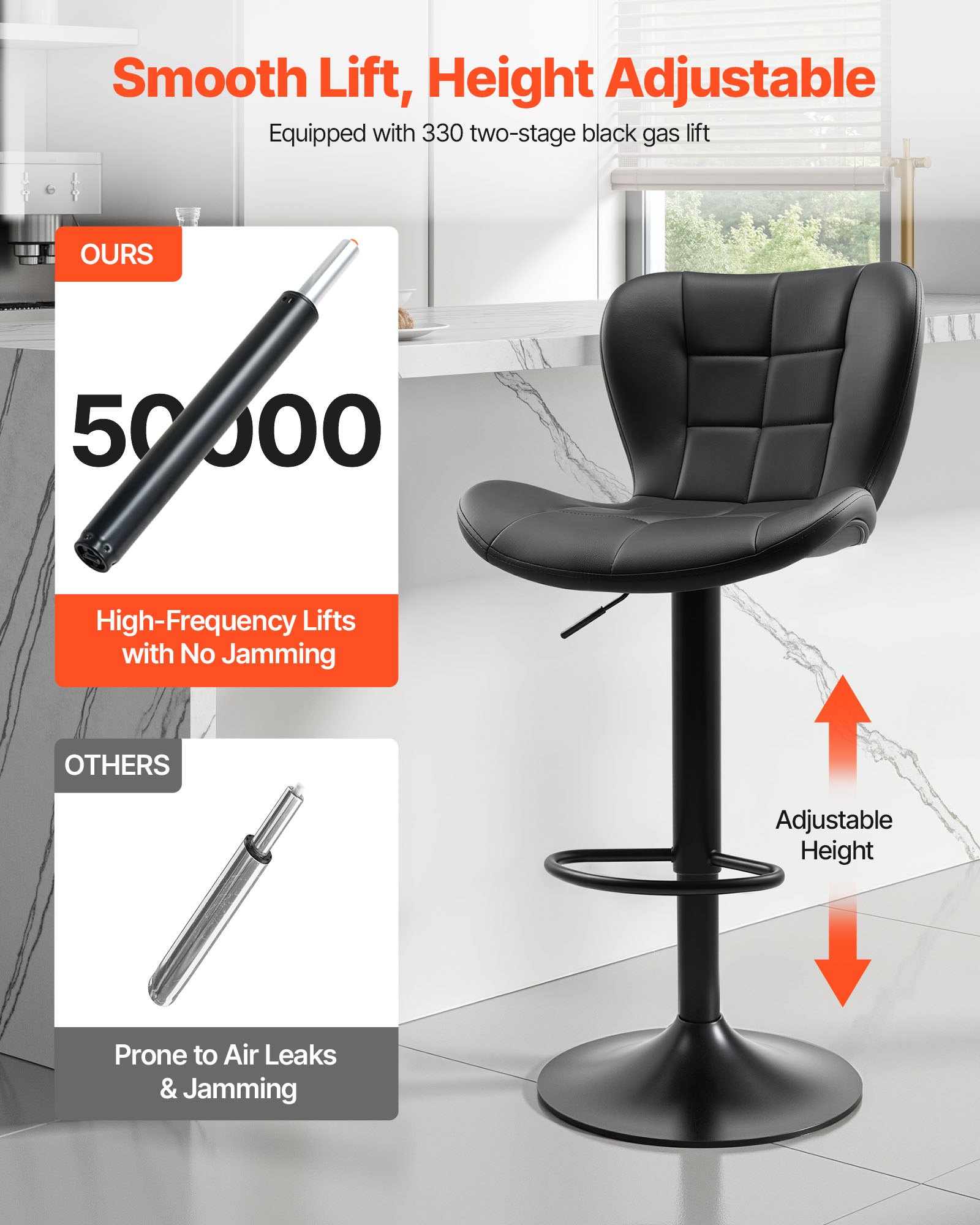 VEVOR Juego de 4 Taburetes de Bar Modernos de Piel Sintética, con Rotación de 360°, Respaldo y Reposapiés, Altura Ajustable, Carga de 149,7 kg, para Comedor, Color Negro, 470 x 535 x 890/1100 mm