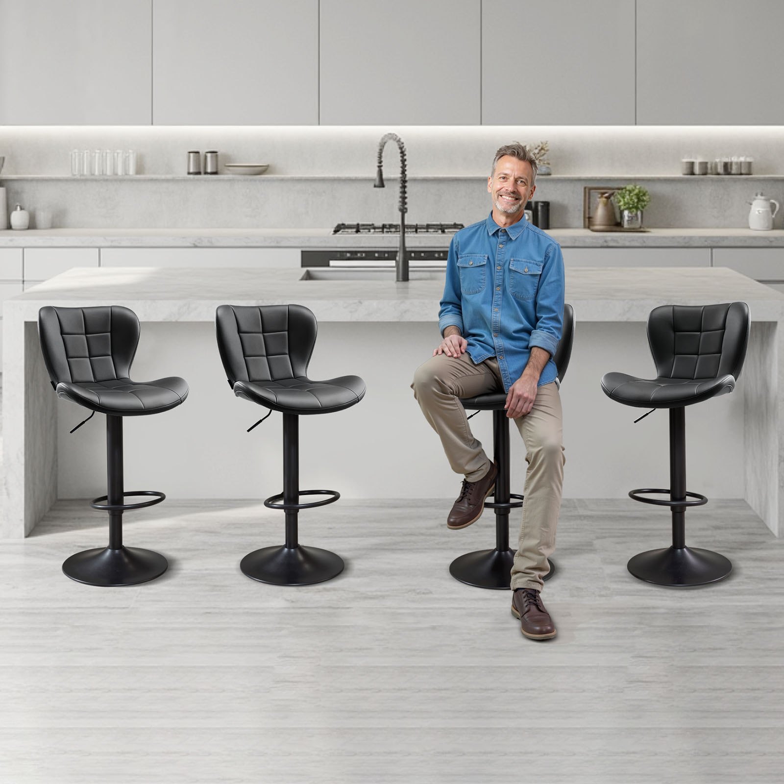 VEVOR Juego de 4 Taburetes de Bar Modernos de Piel Sintética, con Rotación de 360°, Respaldo y Reposapiés, Altura Ajustable, Carga de 149,7 kg, para Comedor, Color Negro, 470 x 535 x 890/1100 mm