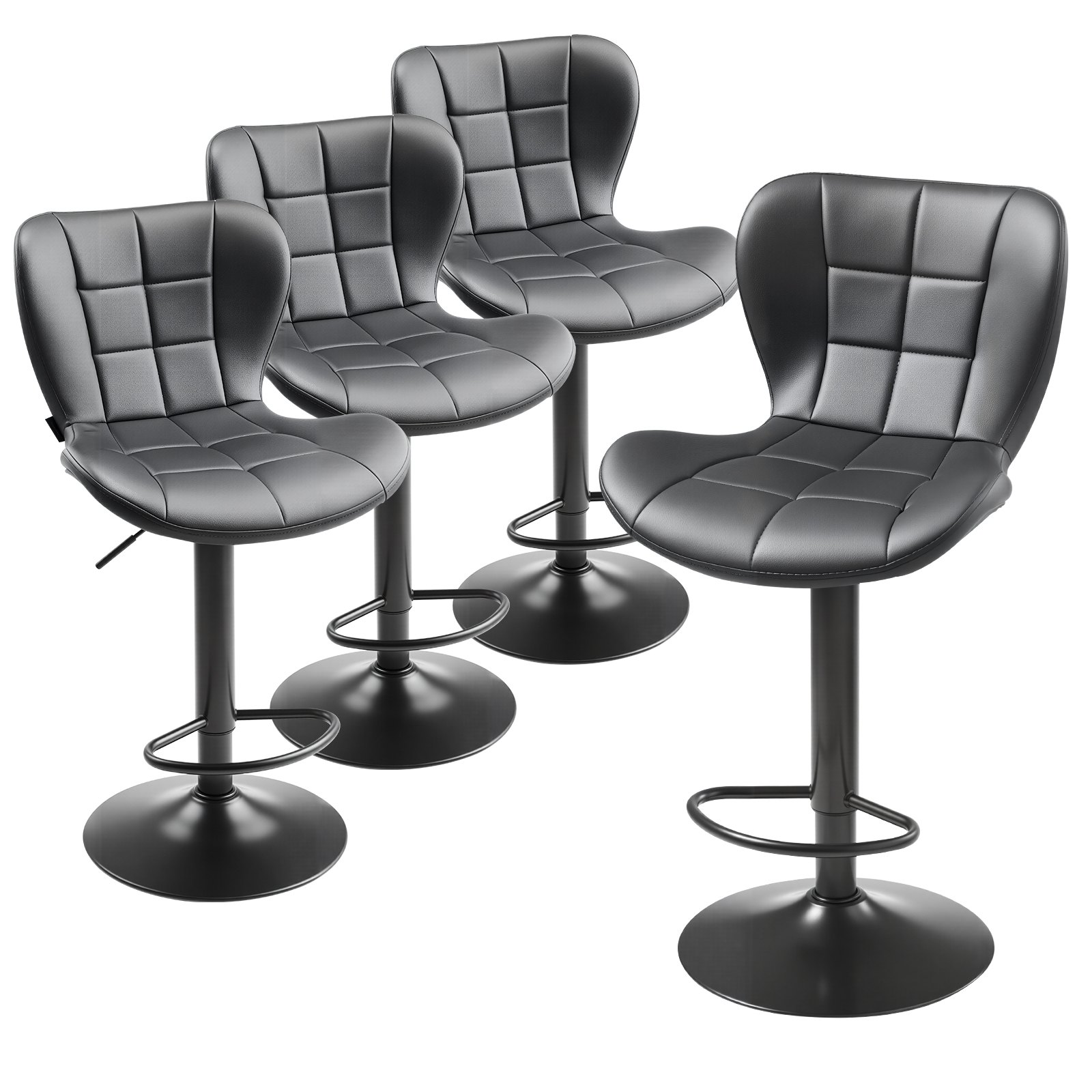 VEVOR Juego de 4 Taburetes de Bar Modernos de Piel Sintética, con Rotación de 360°, Respaldo y Reposapiés, Altura Ajustable, Carga de 149,7 kg, para Comedor, Color Negro, 470 x 535 x 890/1100 mm