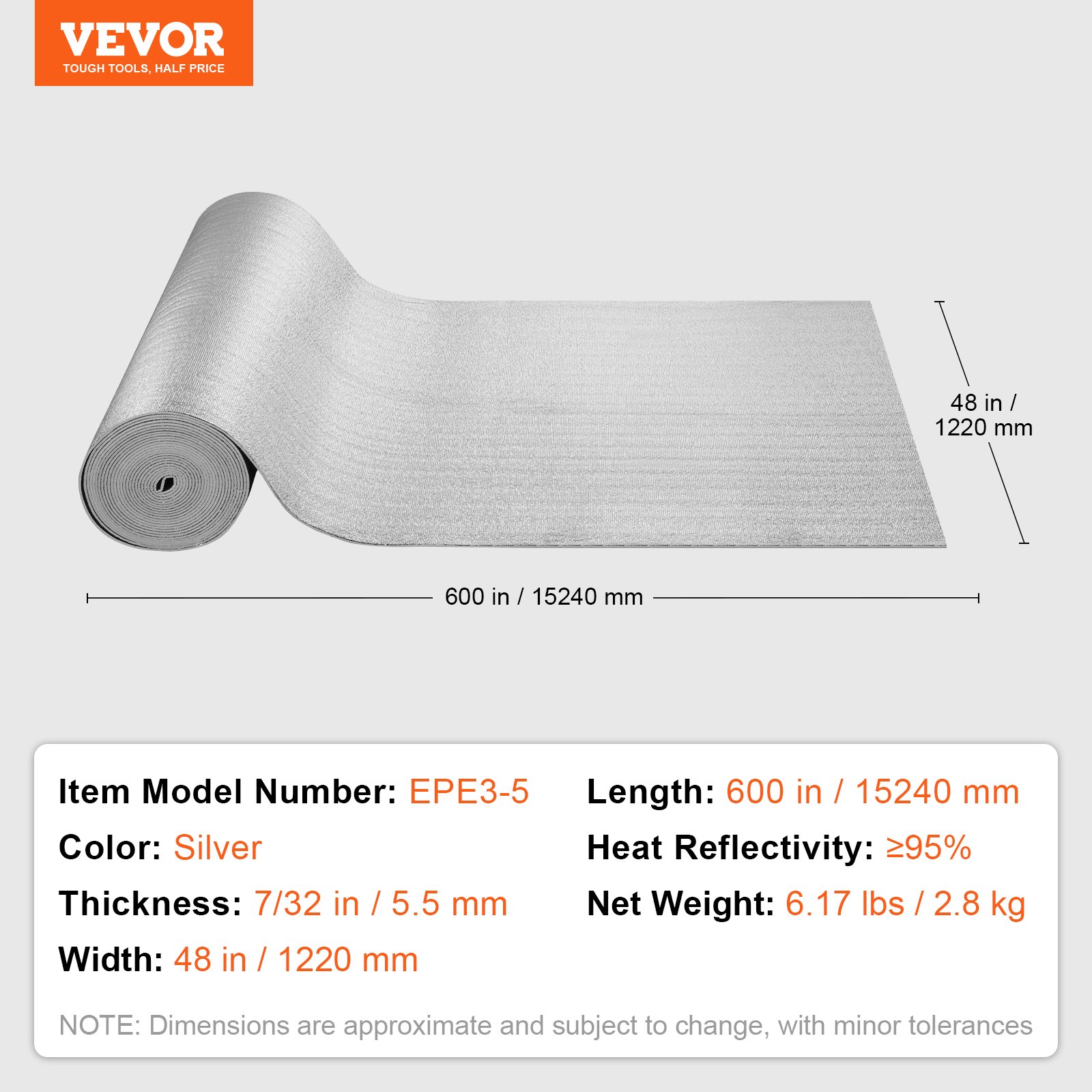 VEVOR Aislamiento Térmico Reflectante Doble Rollo de Aislamiento Barrera Radiante 15,24x1,22 m Núcleo de Espuma EPE Espesor de 5,5 mm Lámina de Aluminio Doble Cara para Ventana, Techo de RV