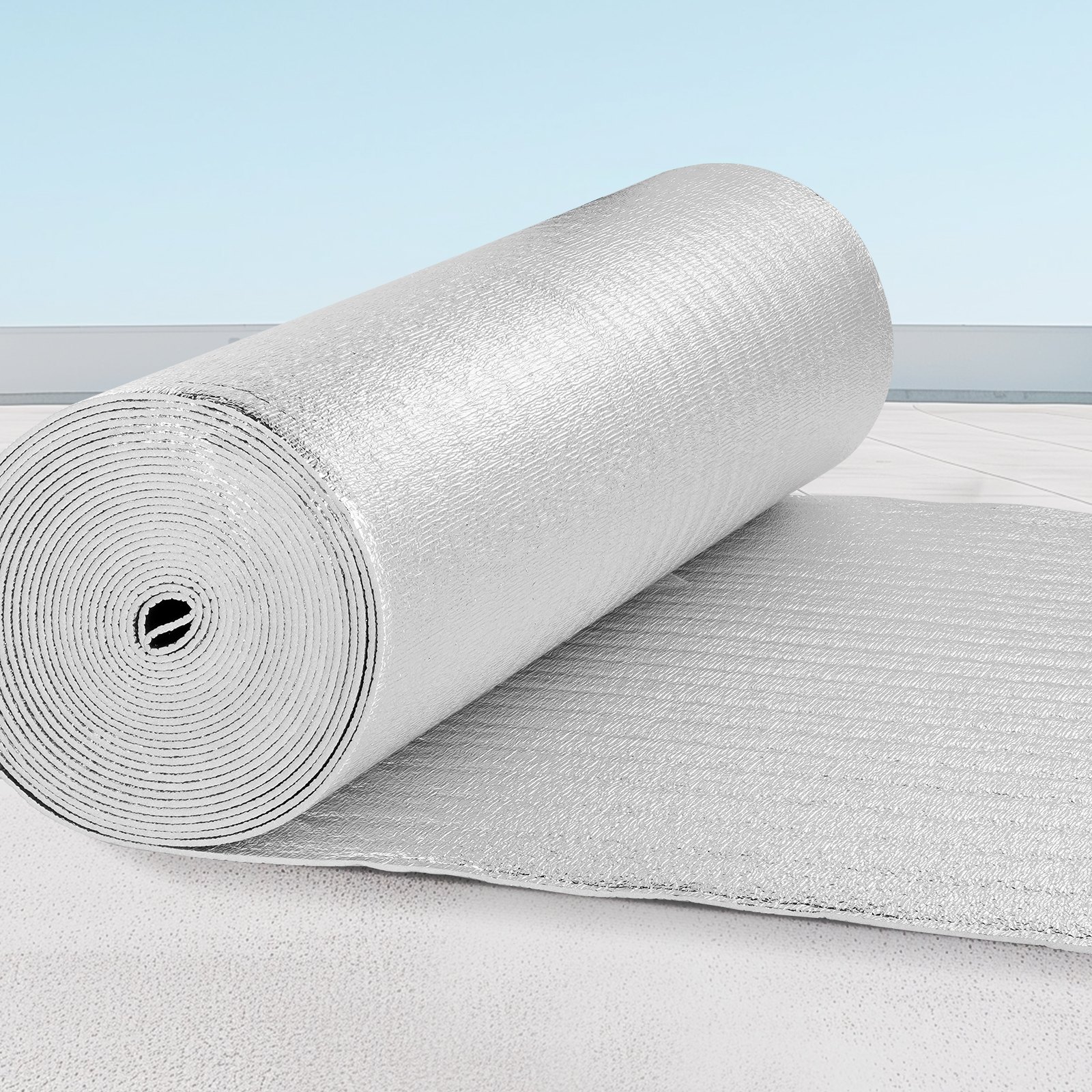 VEVOR Aislamiento Térmico Reflectante Doble Rollo de Aislamiento Barrera Radiante 15,24x1,22 m Núcleo de Espuma EPE Espesor de 5,5 mm Lámina de Aluminio Doble Cara para Ventana, Techo de RV