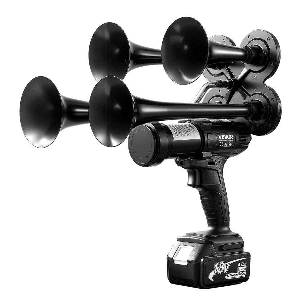 VEVOR Bocina de Aire Inalámbrica 4 Trompetas 130 dB con Bomba Incorporada, Batería de Litio de 18 V y 4 Ah, Sonido Potente, Gran Penetración, Portátil para Alertas en Vehículos y Eventos Deportivos