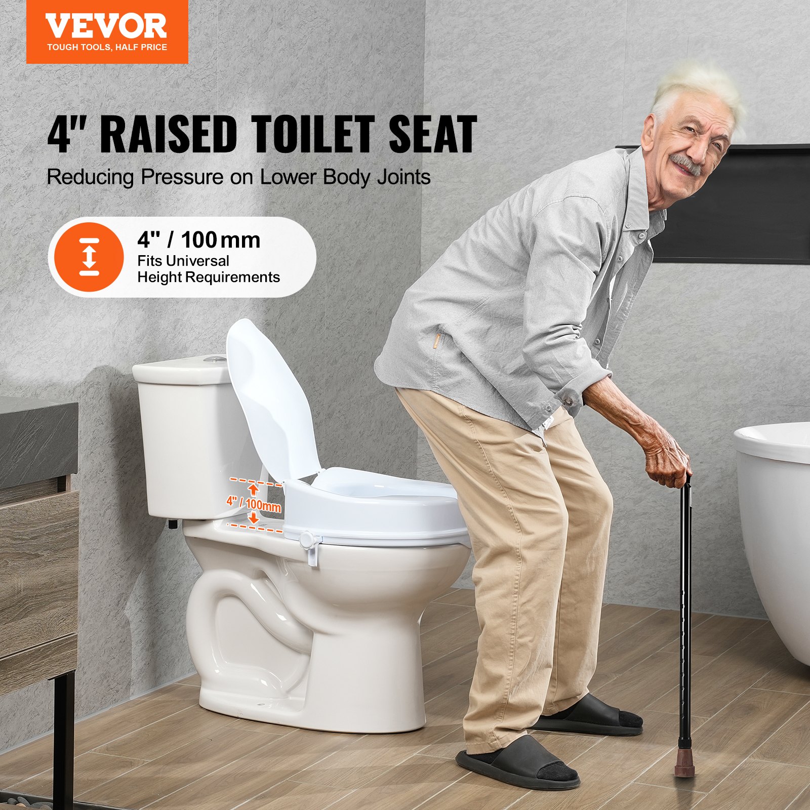 VEVOR Toilet Seat Riser, Raised Toilet Seat, 10 cm, 136 kg Load Capacity, Universal Toilet Seat Riser, Screw Rod Locking Mechanism, with Toilet Seat, for Disabled People, Patients, Pregnant Women