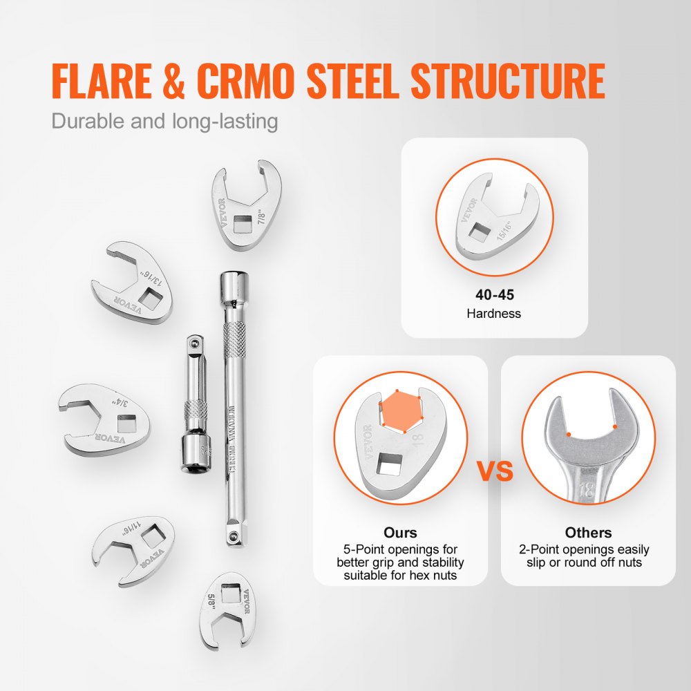 VEVOR Llaves de Pie de Cuervo 24 Piezas con Accionamiento 3/8" Llave de Palanca SAE 3/8"-1" Métrica 10-22 mm Acero Cr-Mo Con Estuche Compatible con Llave Dinamométrica para Reparación de Automóviles