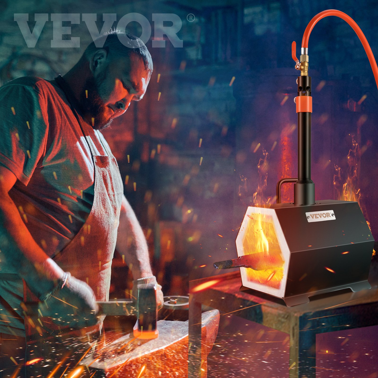 VEVOR Gas Forging Furnace Hexagonal, 250 x 215 x 190 mm Gas Forge with Burner, Gold, Brass, Bronze, Magnesium, Aluminum, Tin and Stainless Steel, Gas Propane Forge Furnace 2 m Gas Hose