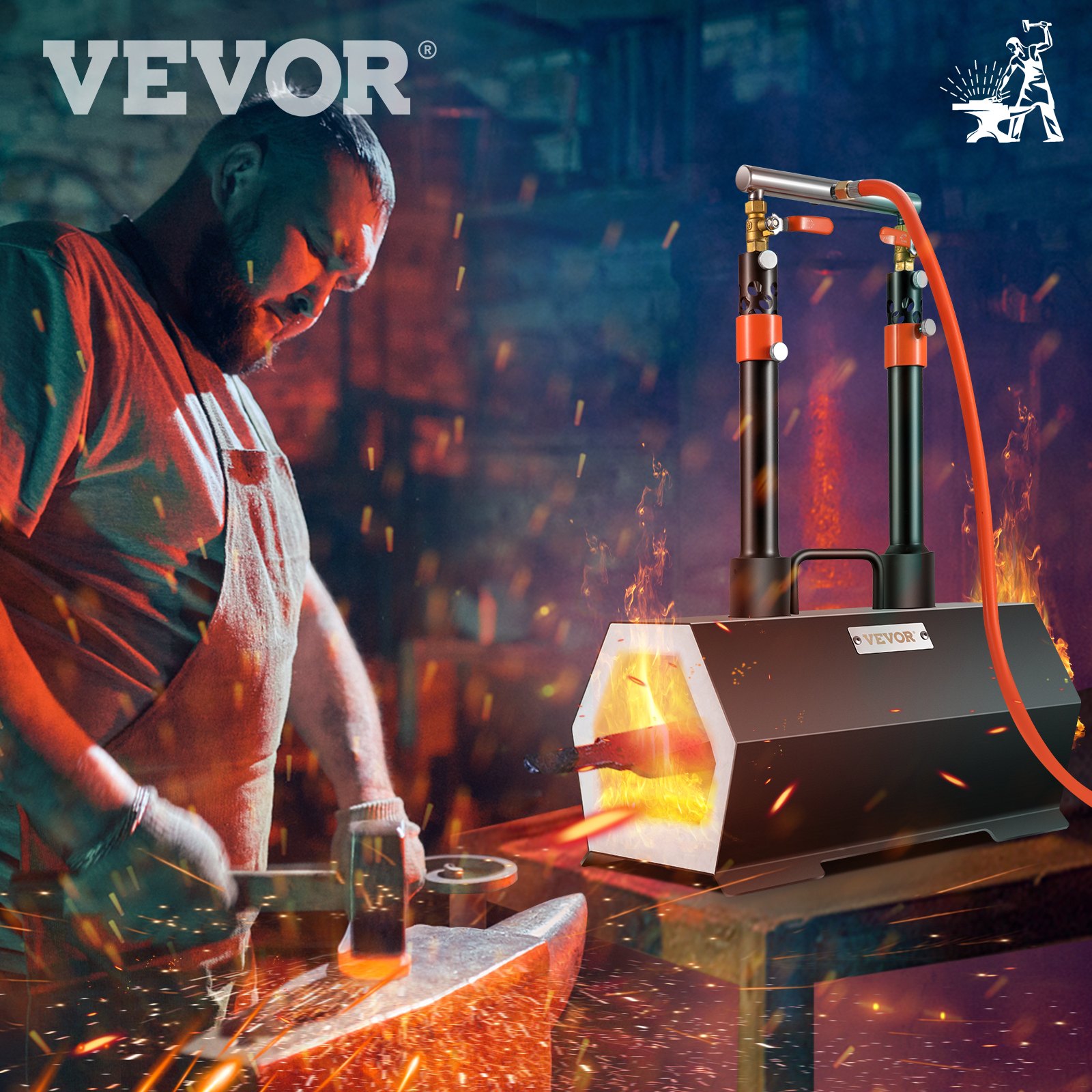 VEVOR Gas Forge Hexagonal, 400 x 215 x 190 mm Gas Forge with Double Burner, Gold, Brass, Bronze, Magnesium, Aluminum, Tin and Stainless Steel, Gas Propane Forge Furnace 2 m Gas Hose