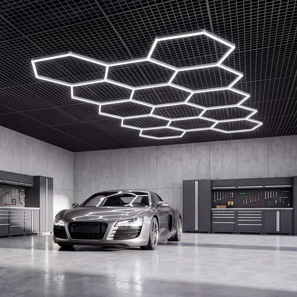 VEVOR Lámpara de Techo LED Hexagonal 456 W 54.720 lm 6500 K 14 Rejillas, Material de PC, Iluminación Brillante y Uniforme, 2 Opciones de Instalación, para Garaje, Almacén, Taller, Tienda, Gimnasio