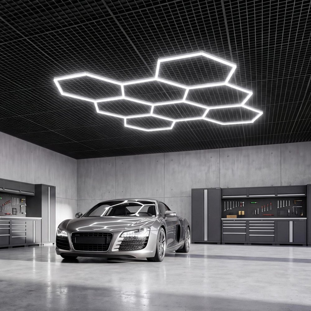 VEVOR Lámpara de Techo LED Hexagonal 248 W 29.760 lm 6500 K 8 Rejillas, Material de PC, Iluminación Brillante y Uniforme, 2 Opciones de Instalación, para Garaje, Almacén, Taller, Tienda, Gimnasio
