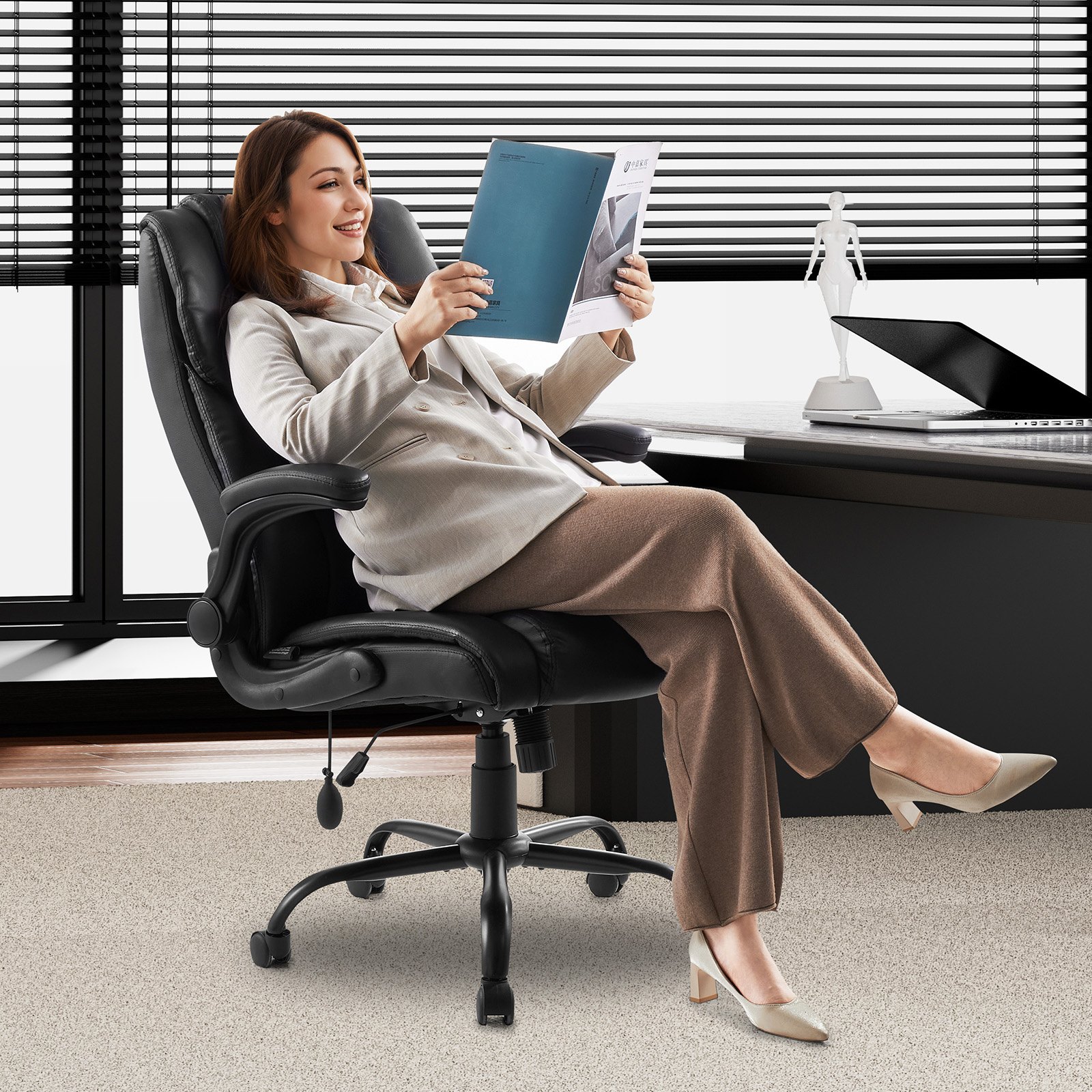 VEVOR Executive Office Chair, Swivel Chair with High Backrest, Lumbar Support, and Foldable Armrests, Ergonomic Desk Chair with Tilt and Height Adjustment, for Work, Study, and Gaming