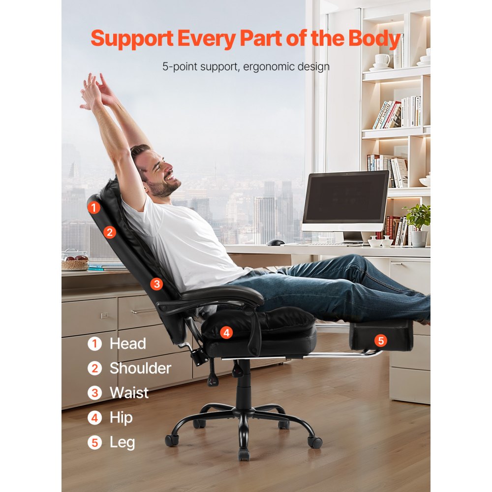 VEVOR Executive Office Chair Swivel Chair with High Backrest, Footrest & Lumbar Cushion, Ergonomic Desk Chair with 135° Tilt and Adjustable Height for Work, Study, Gaming
