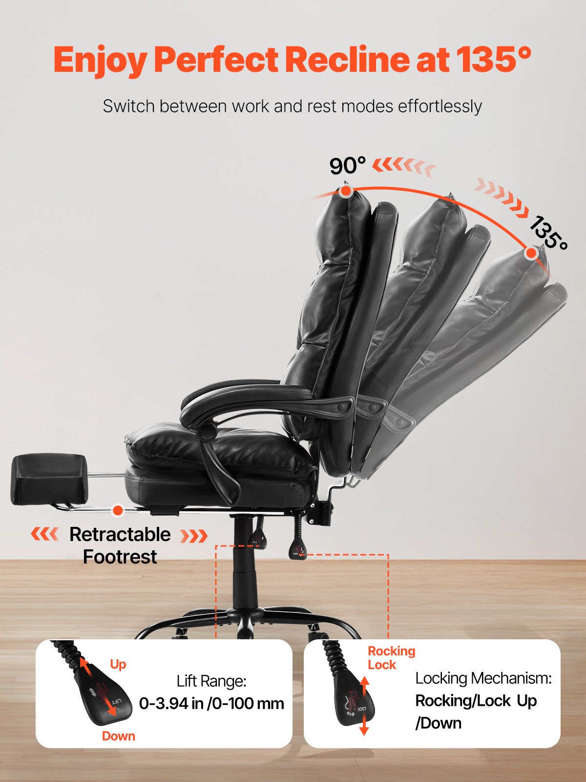 VEVOR Executive Office Chair Swivel Chair with High Backrest, Footrest & Lumbar Cushion, Ergonomic Desk Chair with 135° Tilt and Adjustable Height for Work, Study, Gaming