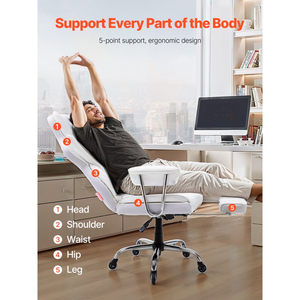 VEVOR Silla de Oficina de Cuero Rueda de PU Silla Ejecutiva Ergonómica con Soporte Lumbar Ajustable y Reposapiés Asiento de Oficina Carga Máxima de 159 kg Respaldo Reclinable para Oficina Hogar