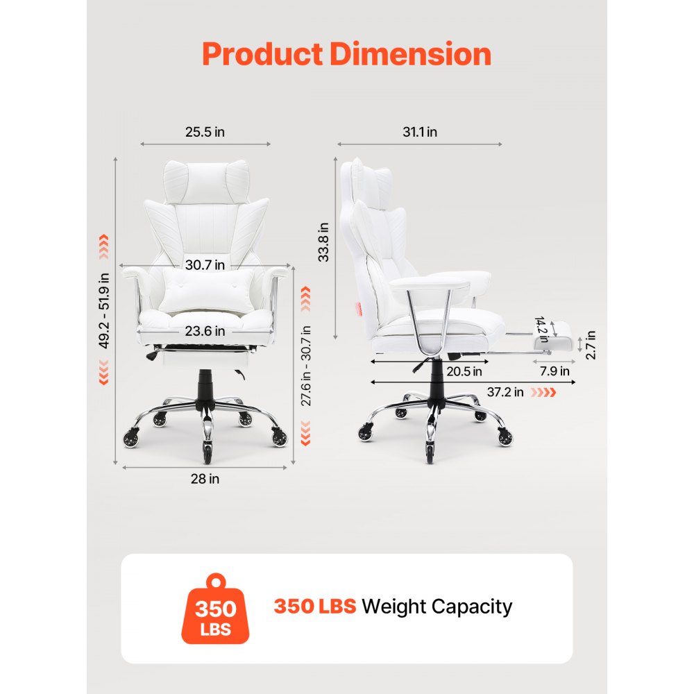 VEVOR Silla de Oficina de Cuero Rueda de PU Silla Ejecutiva Ergonómica con Soporte Lumbar Ajustable y Reposapiés Asiento de Oficina Carga Máxima de 159 kg Respaldo Reclinable para Oficina Hogar