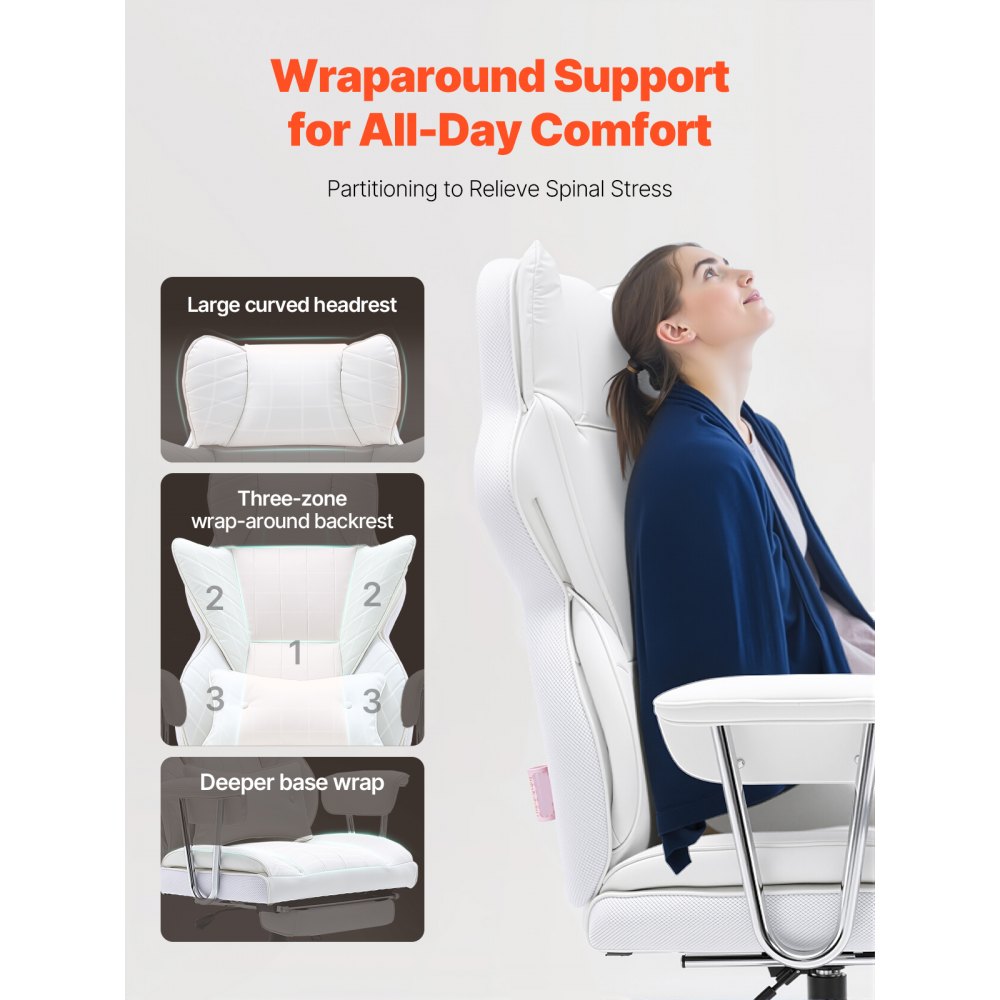 VEVOR Silla de Oficina de Cuero Rueda de PU Silla Ejecutiva Ergonómica con Soporte Lumbar Ajustable y Reposapiés Asiento de Oficina Carga Máxima de 159 kg Respaldo Reclinable para Oficina Hogar