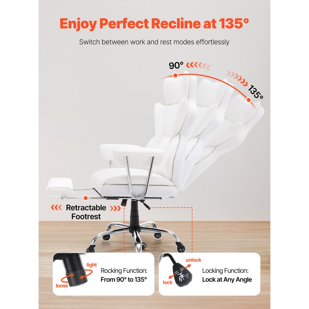 VEVOR Silla de Oficina de Cuero Rueda de PU Silla Ejecutiva Ergonómica con Soporte Lumbar Ajustable y Reposapiés Asiento de Oficina Carga Máxima de 159 kg Respaldo Reclinable para Oficina Hogar