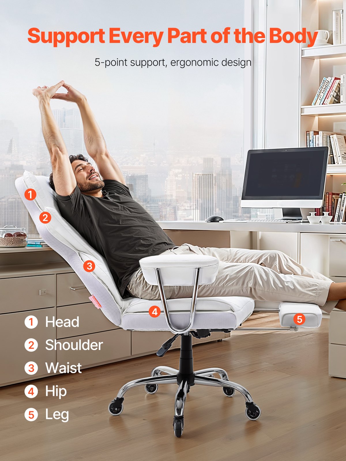VEVOR Silla de Oficina de Cuero Rueda de PU Silla Ejecutiva Ergonómica con Soporte Lumbar Ajustable y Reposapiés Asiento de Oficina Carga Máxima de 159 kg Respaldo Reclinable para Oficina Hogar