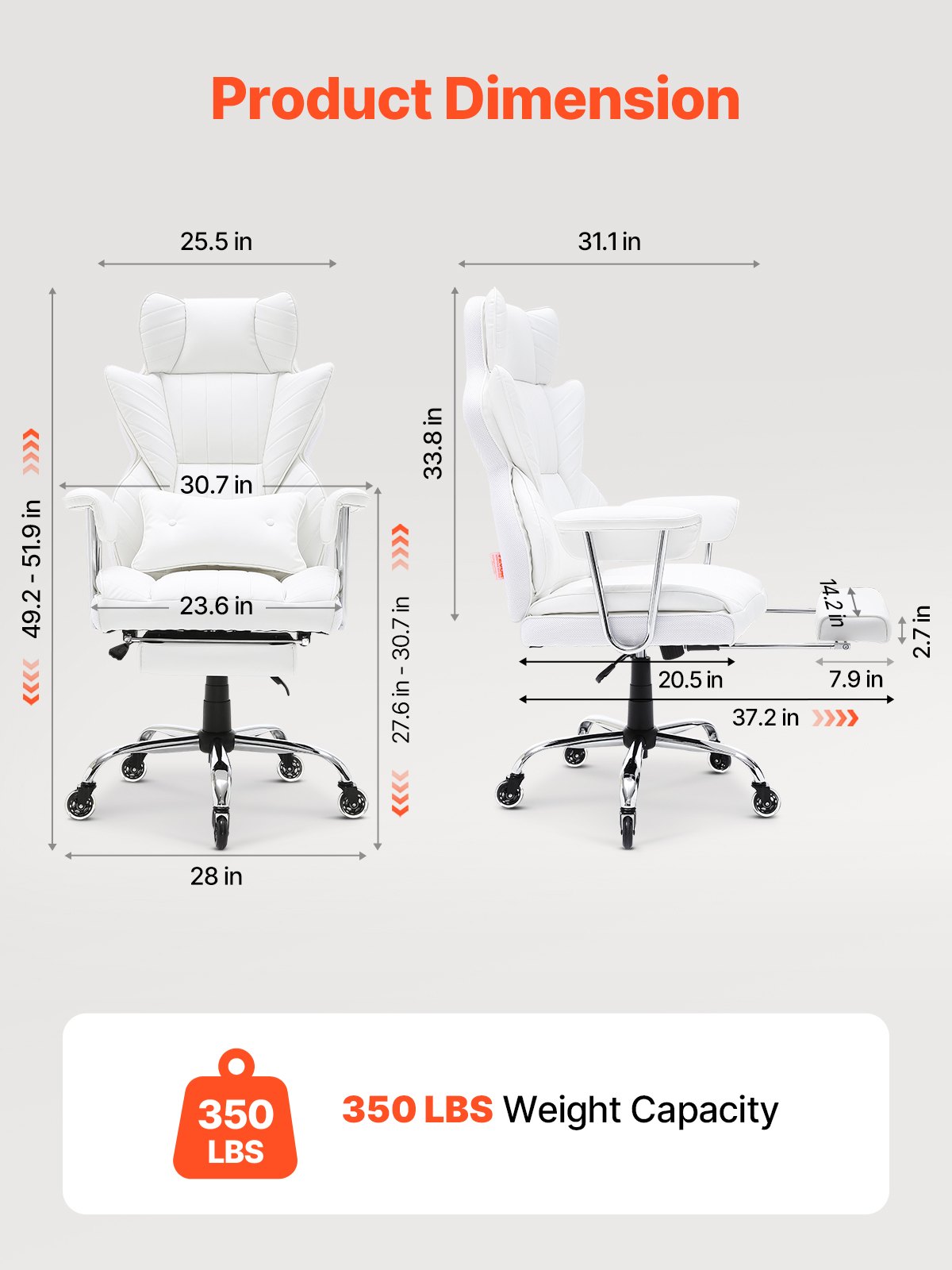 VEVOR Silla de Oficina de Cuero Rueda de PU Silla Ejecutiva Ergonómica con Soporte Lumbar Ajustable y Reposapiés Asiento de Oficina Carga Máxima de 159 kg Respaldo Reclinable para Oficina Hogar