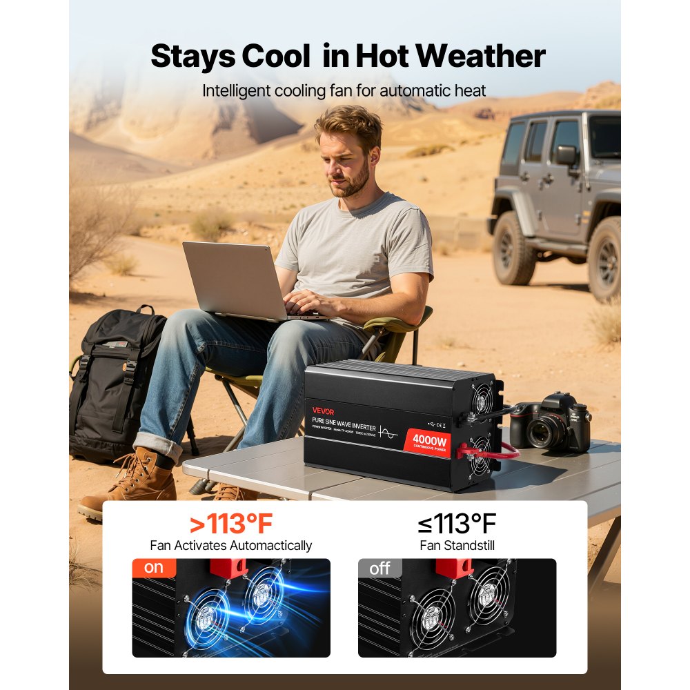 VEVOR Inversor de Corriente 4000 W, Inversor de Onda Sinusoidal Pura de 12 V CC a 230 V CA, Cargador Solar para Coche con Pantalla LCD, Control Remoto, 2 Puertos USB, 2 Salidas de CA, Puerto Tipo C