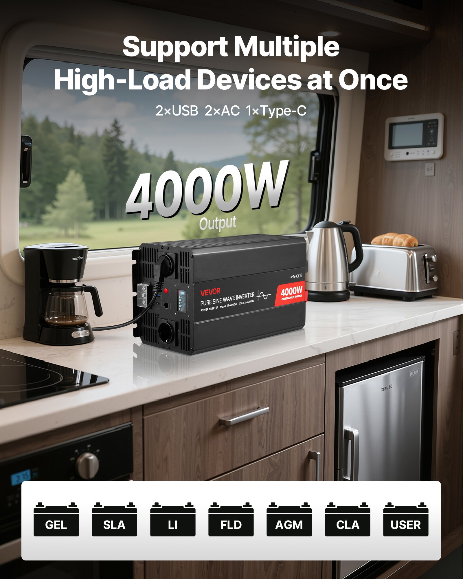 VEVOR Inversor de Corriente 4000 W, Inversor de Onda Sinusoidal Pura de 12 V CC a 230 V CA, Cargador Solar para Coche con Pantalla LCD, Control Remoto, 2 Puertos USB, 2 Salidas de CA, Puerto Tipo C