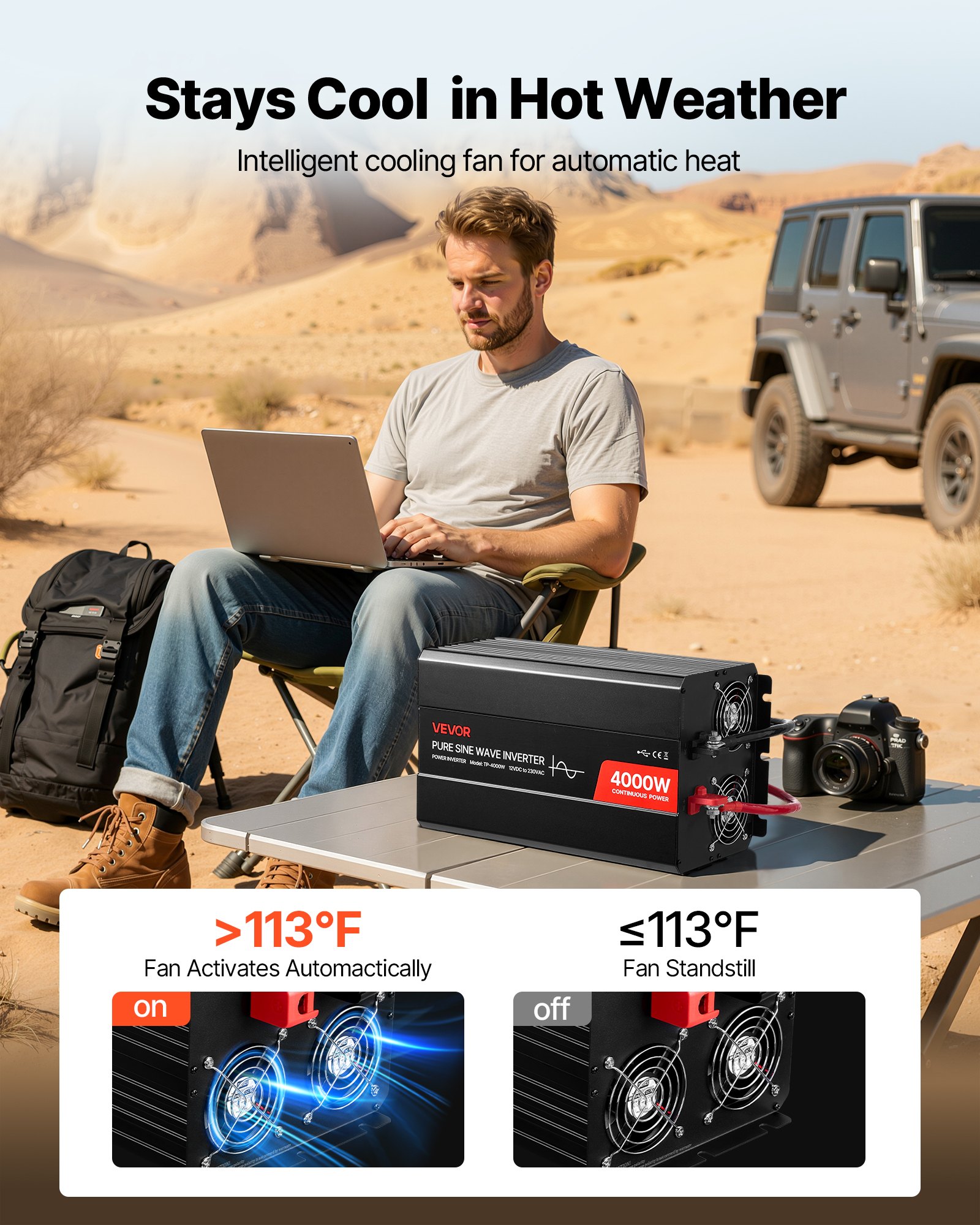 VEVOR Inversor de Corriente 4000 W, Inversor de Onda Sinusoidal Pura de 12 V CC a 230 V CA, Cargador Solar para Coche con Pantalla LCD, Control Remoto, 2 Puertos USB, 2 Salidas de CA, Puerto Tipo C