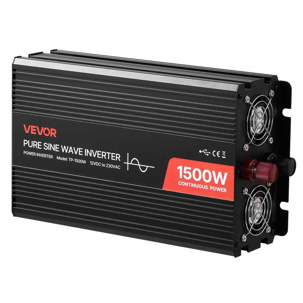 VEVOR Inversor de Corriente 1500 W Inversor de Onda Sinusoidal Pura 12 V CC a 230 V CA, Convertidor de Cargador para Coche con Control Remoto, Puerto USB, 2 Salidas de CA, Puerto Tipo C para Camión