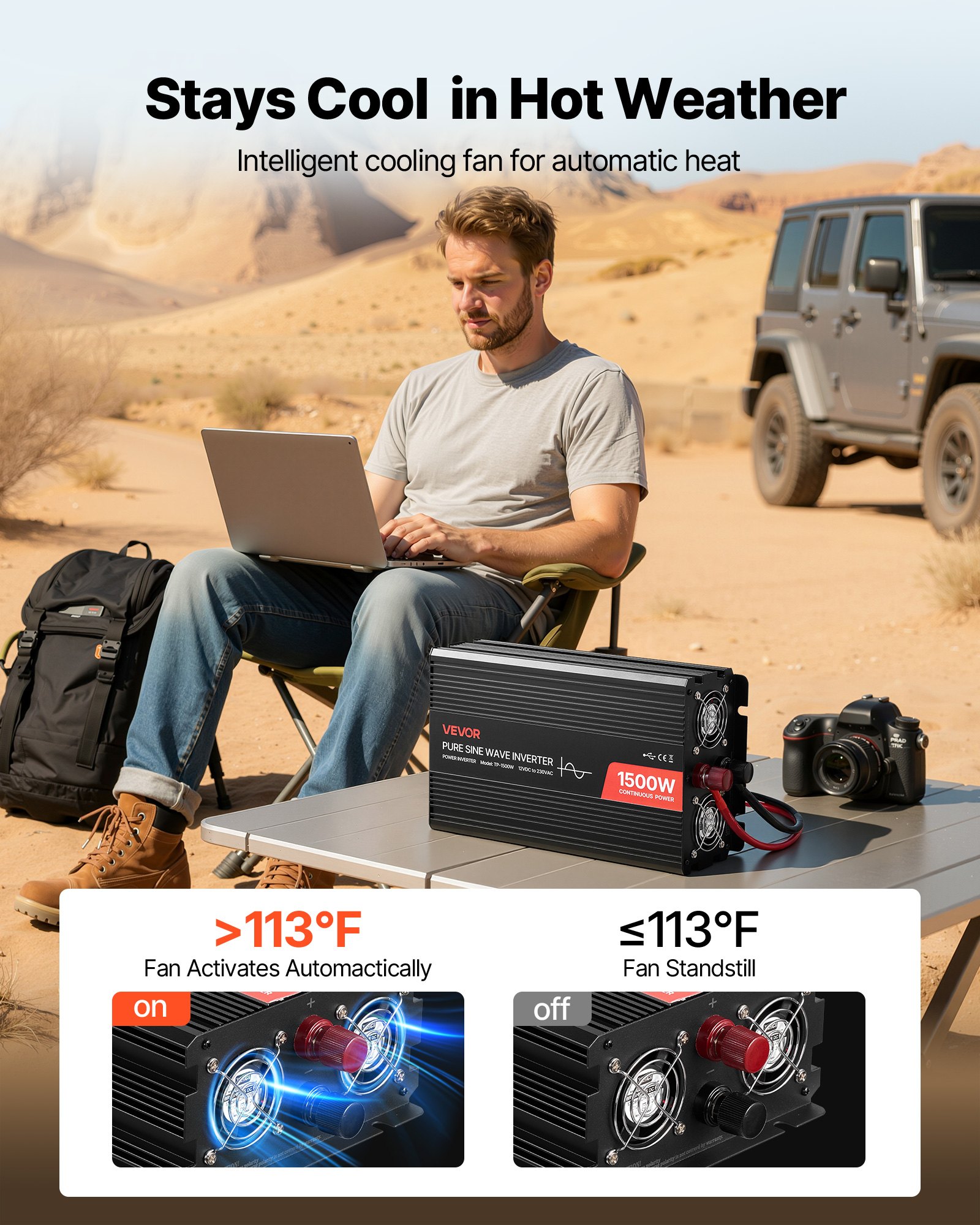 VEVOR Inversor de Corriente 1500 W Inversor de Onda Sinusoidal Pura 12 V CC a 230 V CA, Convertidor de Cargador para Coche con Control Remoto, Puerto USB, 2 Salidas de CA, Puerto Tipo C para Camión