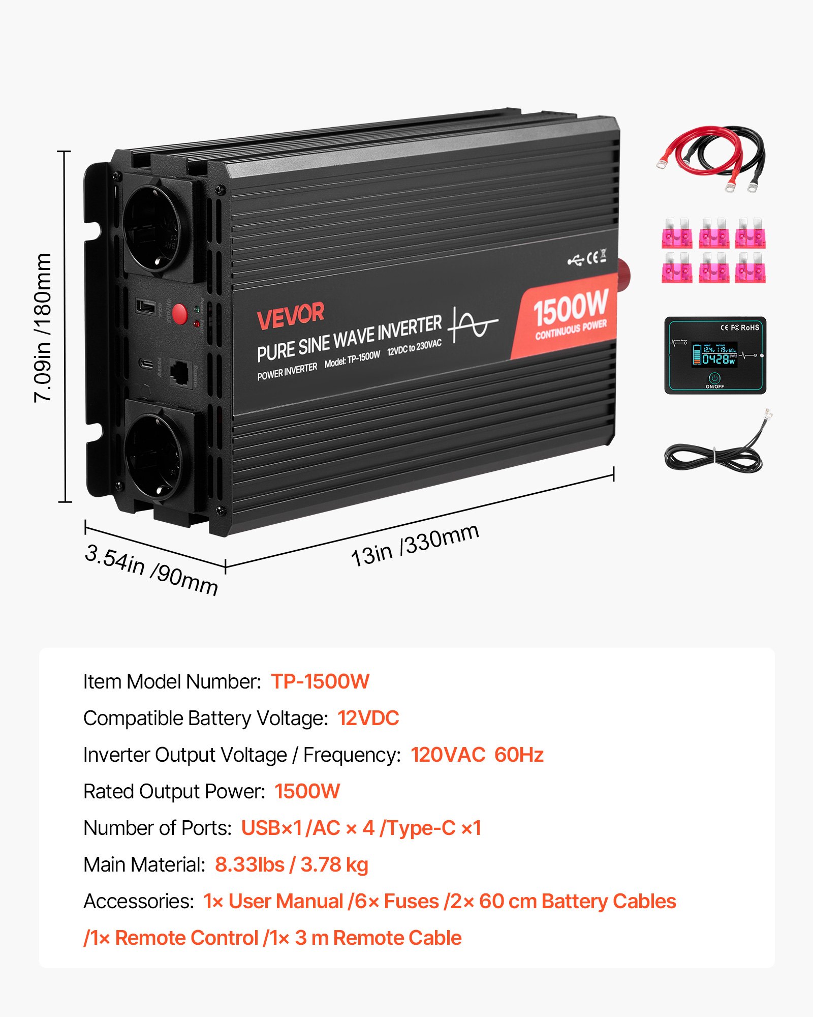 VEVOR Inversor de Corriente 1500 W Inversor de Onda Sinusoidal Pura 12 V CC a 230 V CA, Convertidor de Cargador para Coche con Control Remoto, Puerto USB, 2 Salidas de CA, Puerto Tipo C para Camión
