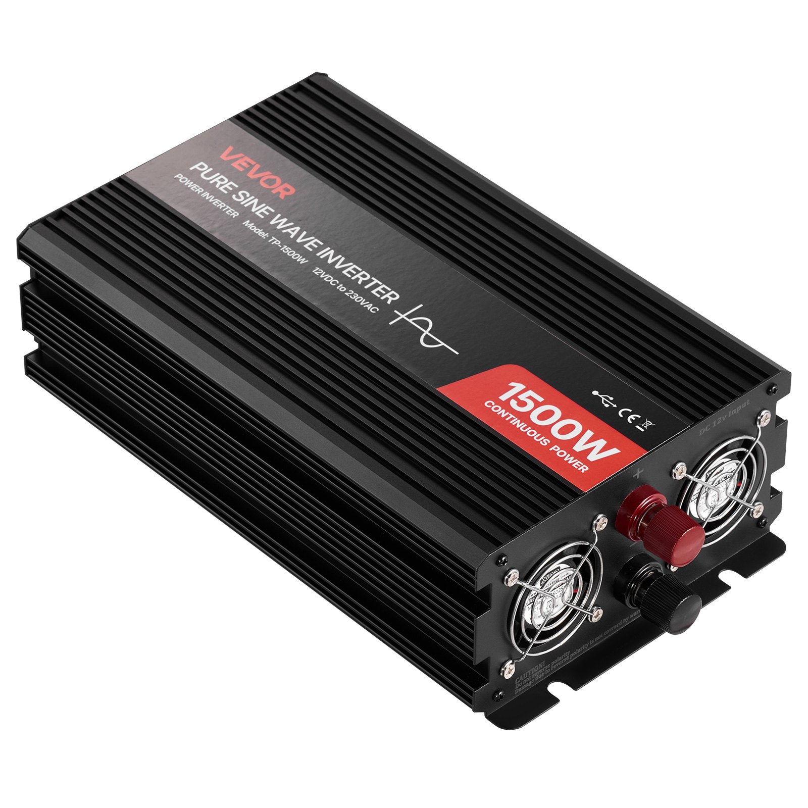 VEVOR Inversor de Corriente 1500 W Inversor de Onda Sinusoidal Pura 12 V CC a 230 V CA, Convertidor de Cargador para Coche con Control Remoto, Puerto USB, 2 Salidas de CA, Puerto Tipo C para Camión