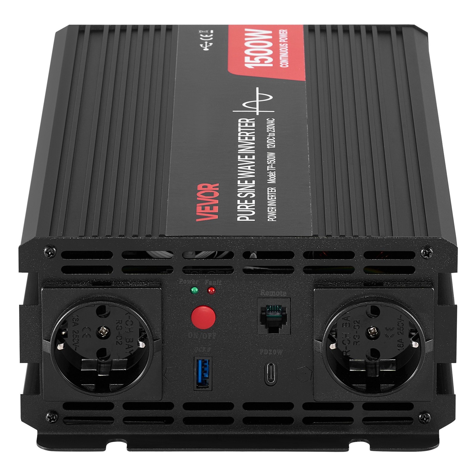 VEVOR Inversor de Corriente 1500 W Inversor de Onda Sinusoidal Pura 12 V CC a 230 V CA, Convertidor de Cargador para Coche con Control Remoto, Puerto USB, 2 Salidas de CA, Puerto Tipo C para Camión