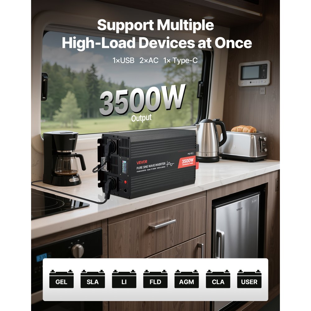 VEVOR Inversor de Corriente 3500 W, Inversor de Onda Sinusoidal Pura de 12 V CC a 230 V CA, Cargador Solar para Coche con Pantalla LCD, Control Remoto, Puerto USB, 2 Salidas de CA, Puerto Tipo C