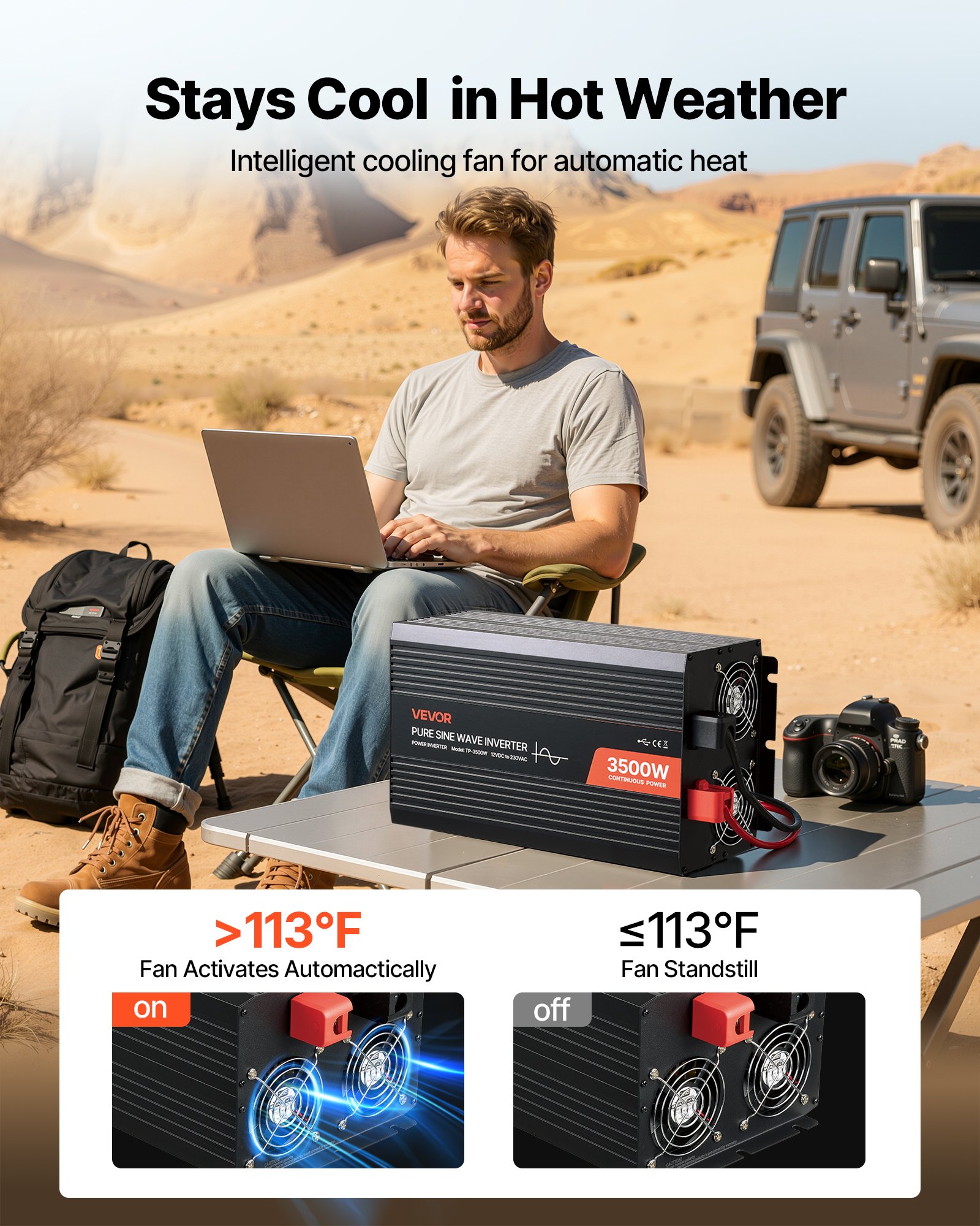 VEVOR Inversor de Corriente 3500 W, Inversor de Onda Sinusoidal Pura de 12 V CC a 230 V CA, Cargador Solar para Coche con Pantalla LCD, Control Remoto, Puerto USB, 2 Salidas de CA, Puerto Tipo C