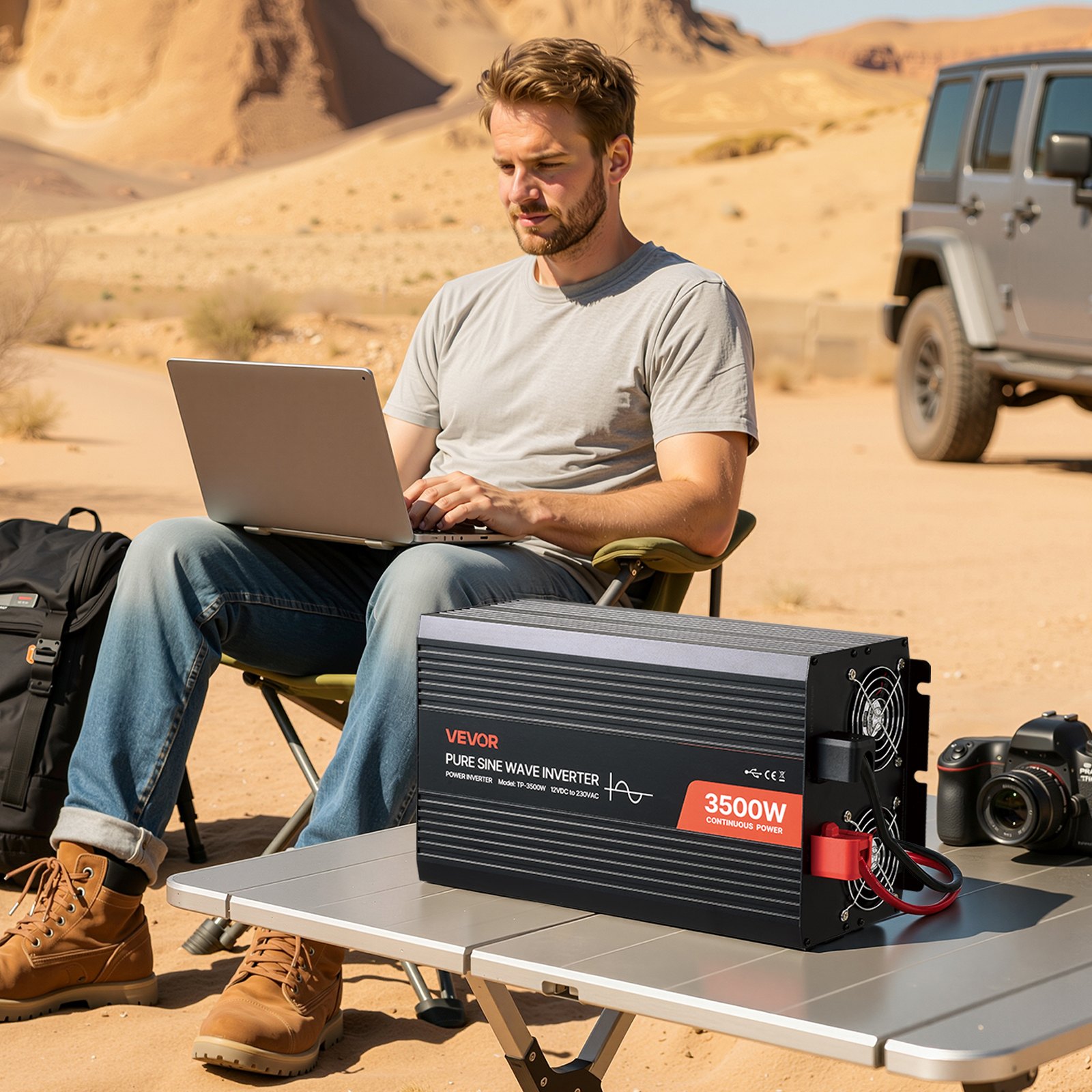 VEVOR Inversor de Corriente 3500 W, Inversor de Onda Sinusoidal Pura de 12 V CC a 230 V CA, Cargador Solar para Coche con Pantalla LCD, Control Remoto, Puerto USB, 2 Salidas de CA, Puerto Tipo C
