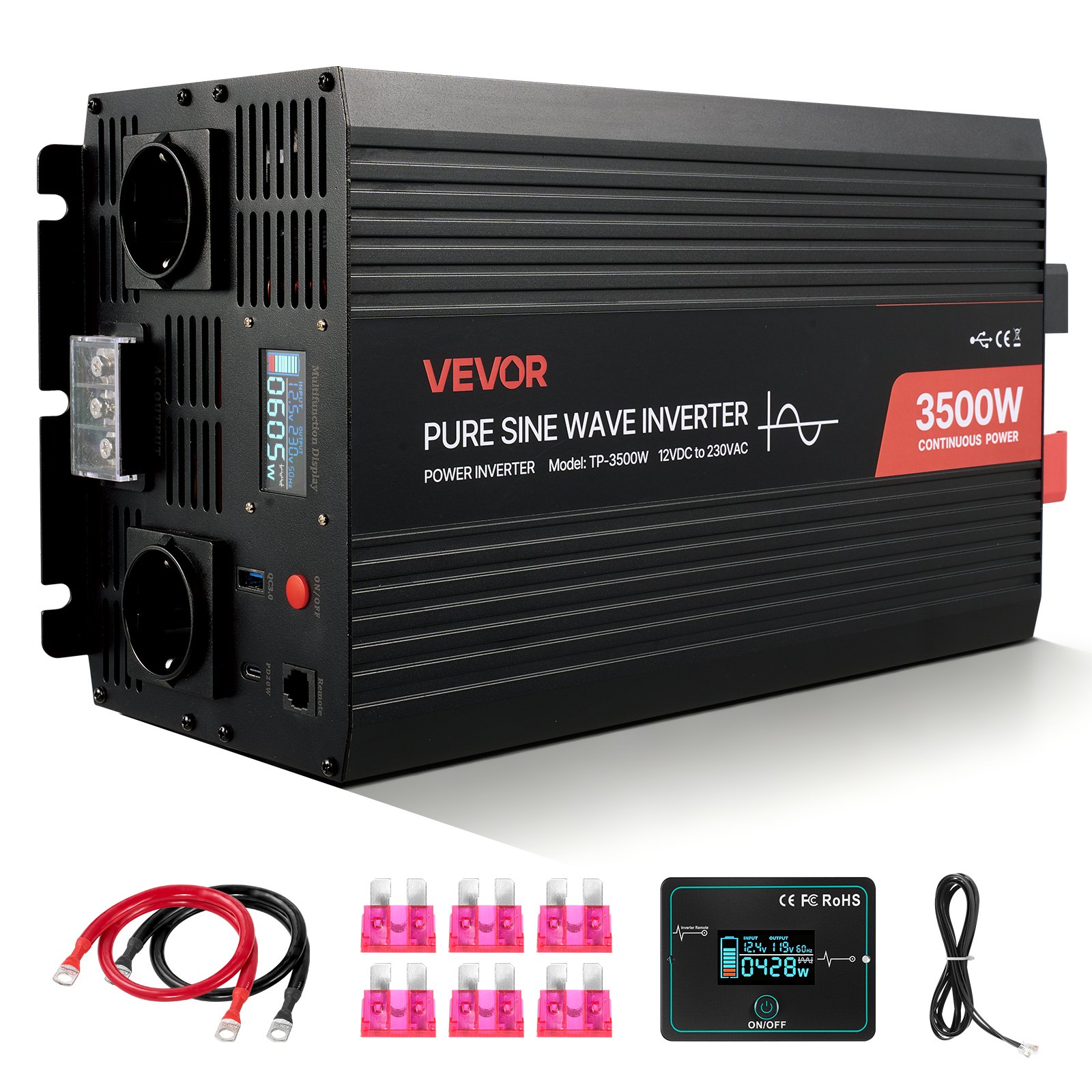 VEVOR Inversor de Corriente 3500 W, Inversor de Onda Sinusoidal Pura de 12 V CC a 230 V CA, Cargador Solar para Coche con Pantalla LCD, Control Remoto, Puerto USB, 2 Salidas de CA, Puerto Tipo C