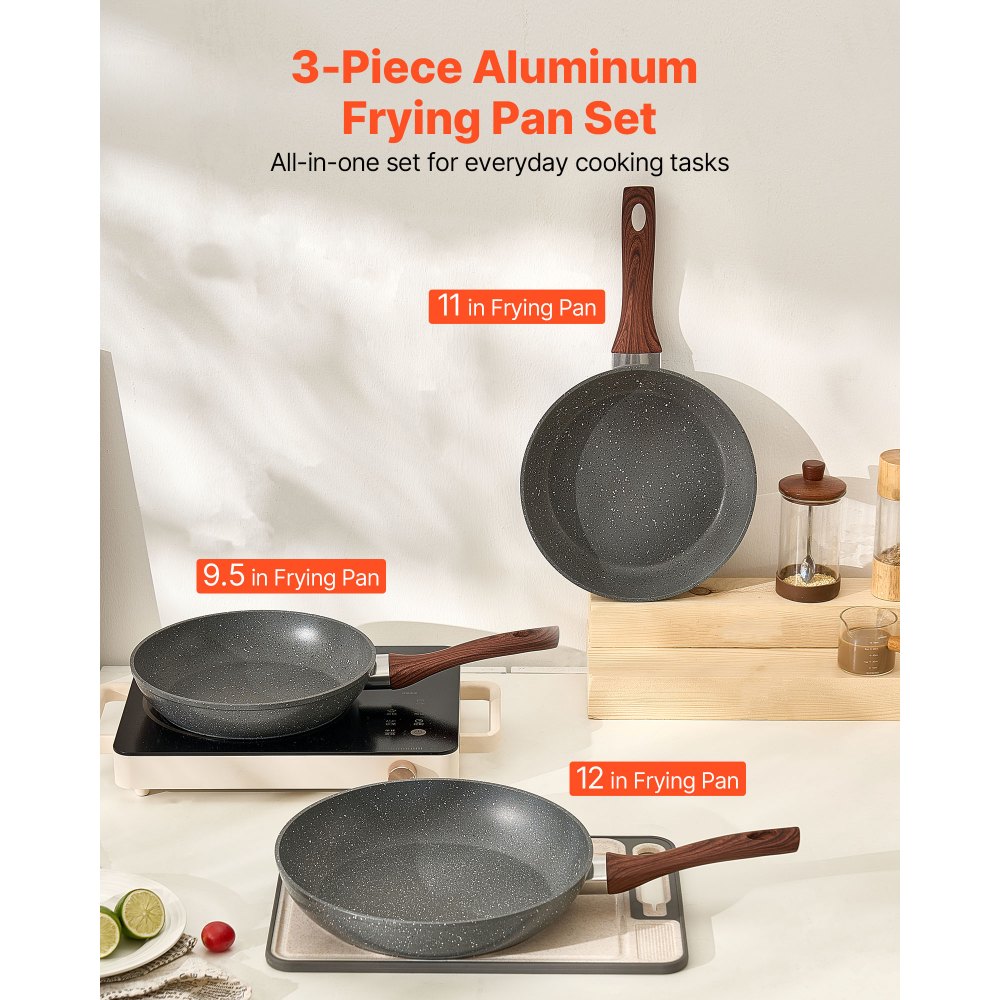 VEVOR Sartén de Aluminio para Huevos, Juego de 3 Piezas 250, 280 y 325 mm, Antiadherente, Resistente y con Mango Resistente al Calor, para Cocina de Chef, para Gas, Eléctrica e Inducción, Gris