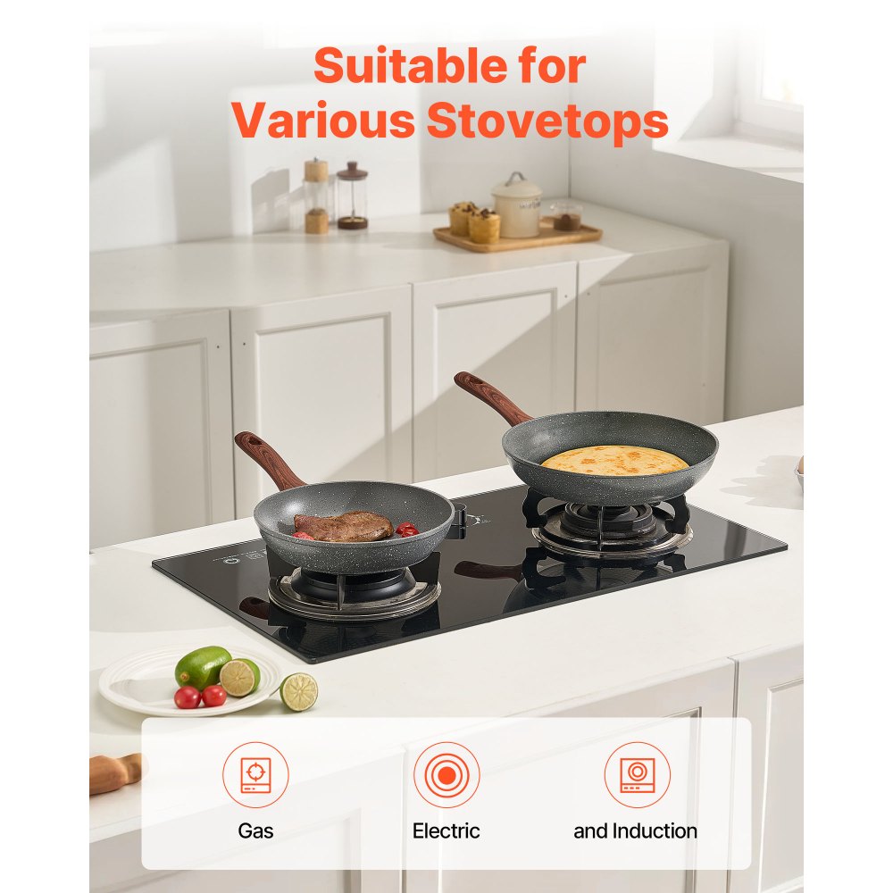 VEVOR Sartén de Aluminio para Huevos, Juego de 3 Piezas 250, 280 y 325 mm, Antiadherente, Resistente y con Mango Resistente al Calor, para Cocina de Chef, para Gas, Eléctrica e Inducción, Gris