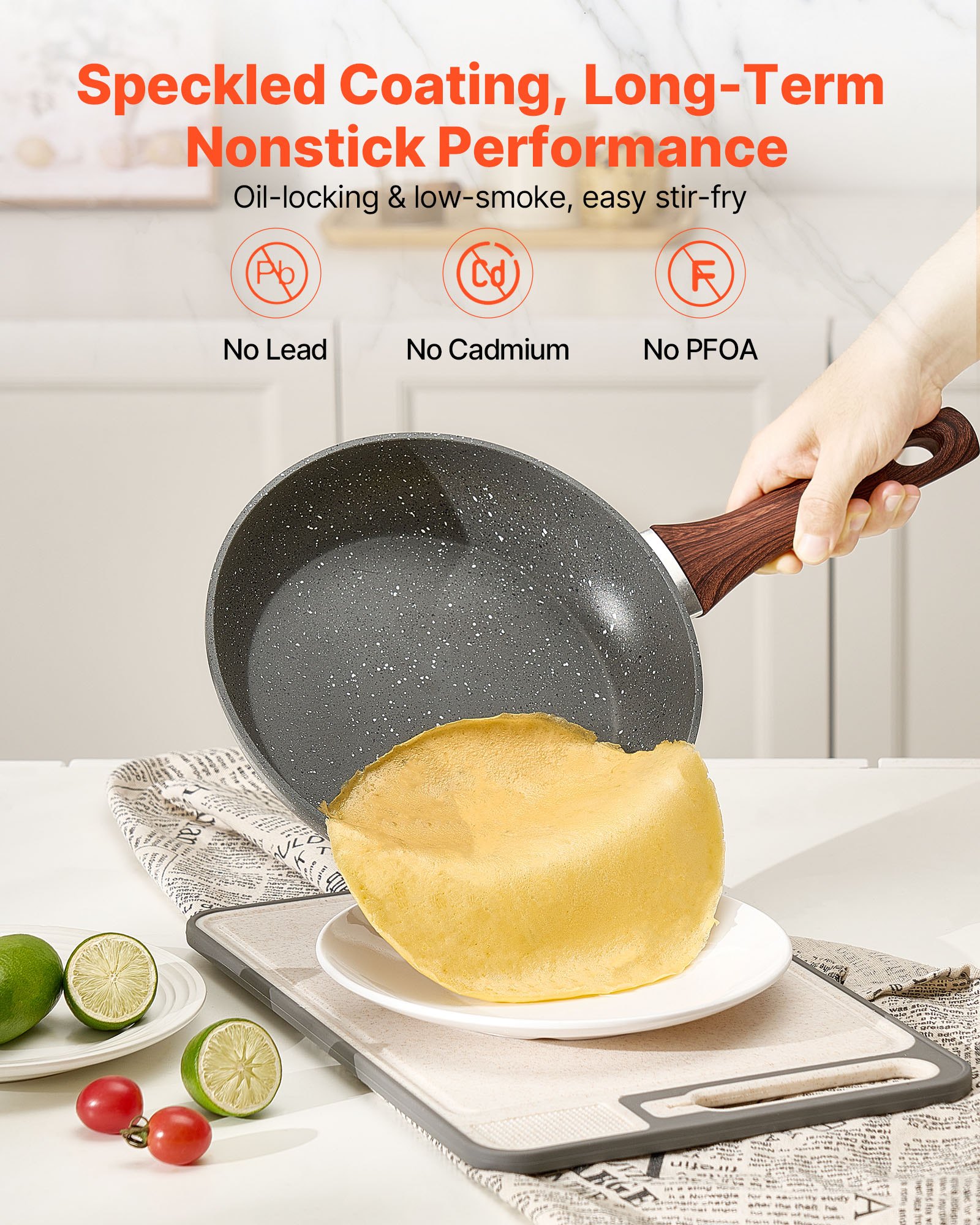 VEVOR Sartén de Aluminio para Huevos, Juego de 3 Piezas 250, 280 y 325 mm, Antiadherente, Resistente y con Mango Resistente al Calor, para Cocina de Chef, para Gas, Eléctrica e Inducción, Gris