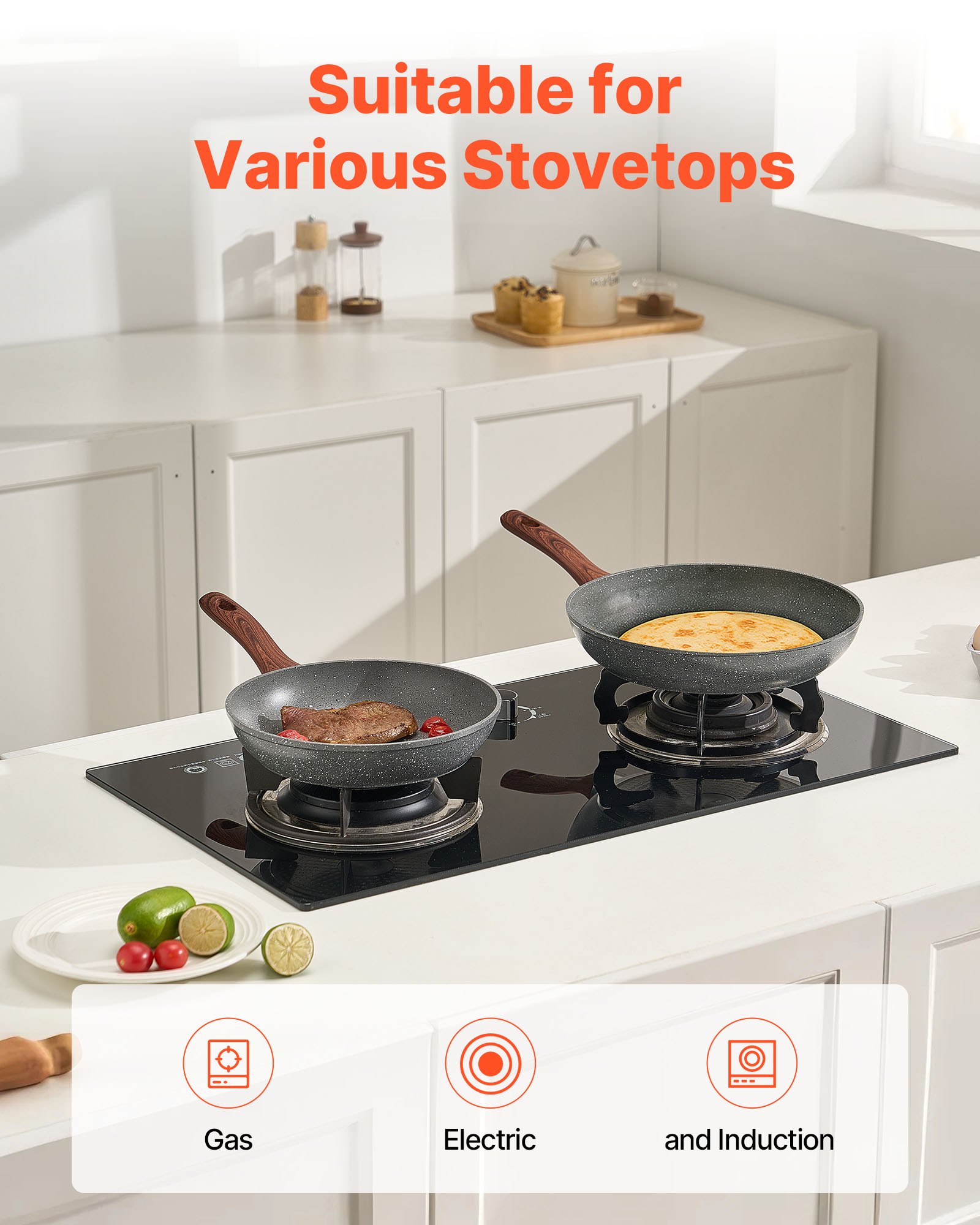 VEVOR Sartén de Aluminio para Huevos, Juego de 3 Piezas 250, 280 y 325 mm, Antiadherente, Resistente y con Mango Resistente al Calor, para Cocina de Chef, para Gas, Eléctrica e Inducción, Gris