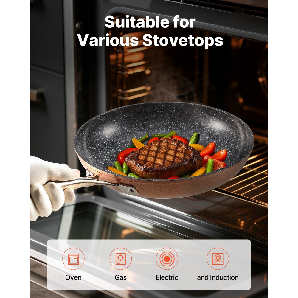 VEVOR Sartén de Aluminio para Huevos, 3 Piezas 200, 270 y 300 mm, Antiadherente, de Cerámica Resistente con Mango Resistente al Calor, Ideal para Horno, Gas, Eléctrico e Inducción, Color Gris