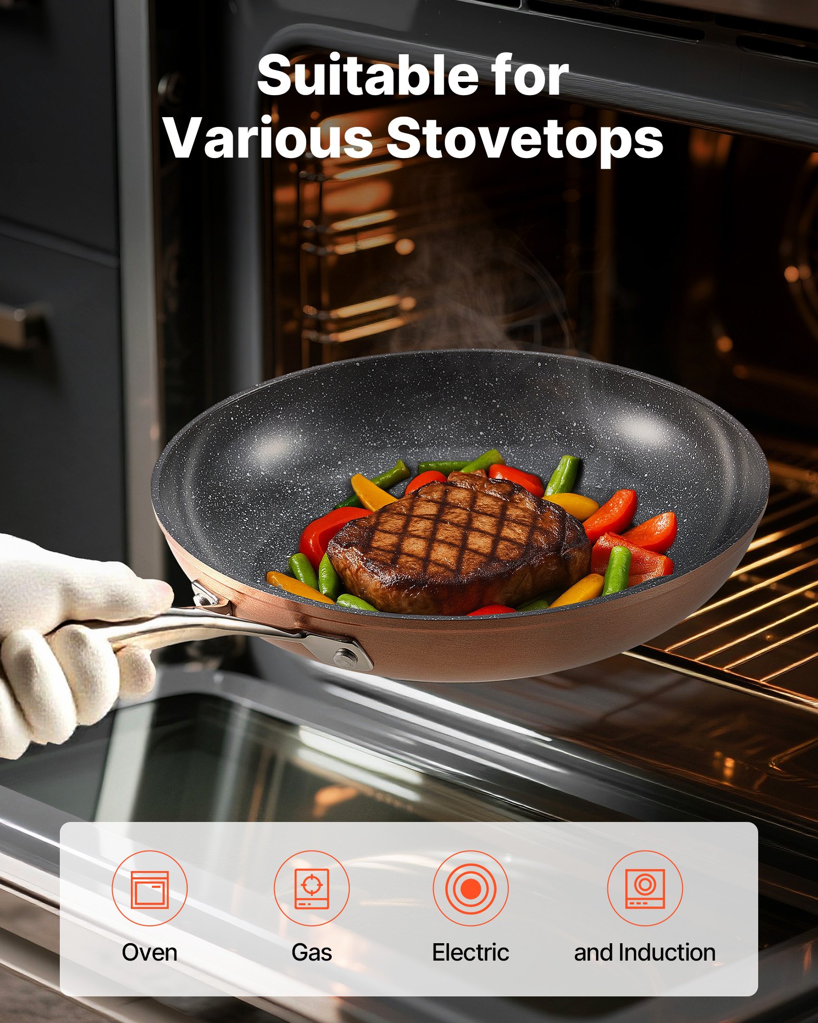 VEVOR Sartén de Aluminio para Huevos, 3 Piezas 200, 270 y 300 mm, Antiadherente, de Cerámica Resistente con Mango Resistente al Calor, Ideal para Horno, Gas, Eléctrico e Inducción, Color Gris