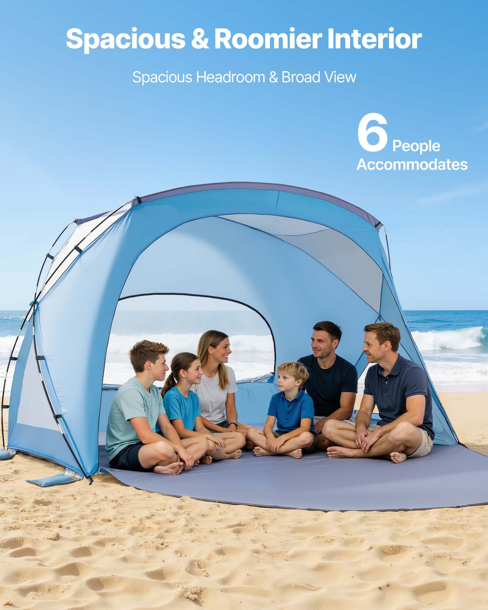 VEVOR Tienda de Playa para 6 Personas 285 x 175 x 184 cm, Carpa de Refugio de Sol Protección UPF 50+, Carpa Portátil de Playa con Bolsa de Transporte y Bolsillos para Arena, para Picnics, Azul