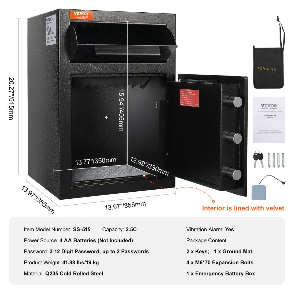 Caja fuerte de depósito VEVOR con dimensiones y accesorios del producto mostrados, puerta abierta que muestra el forro de terciopelo.