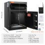Caja fuerte de depósito VEVOR con dimensiones y accesorios del producto mostrados, puerta abierta que muestra el forro de terciopelo.
