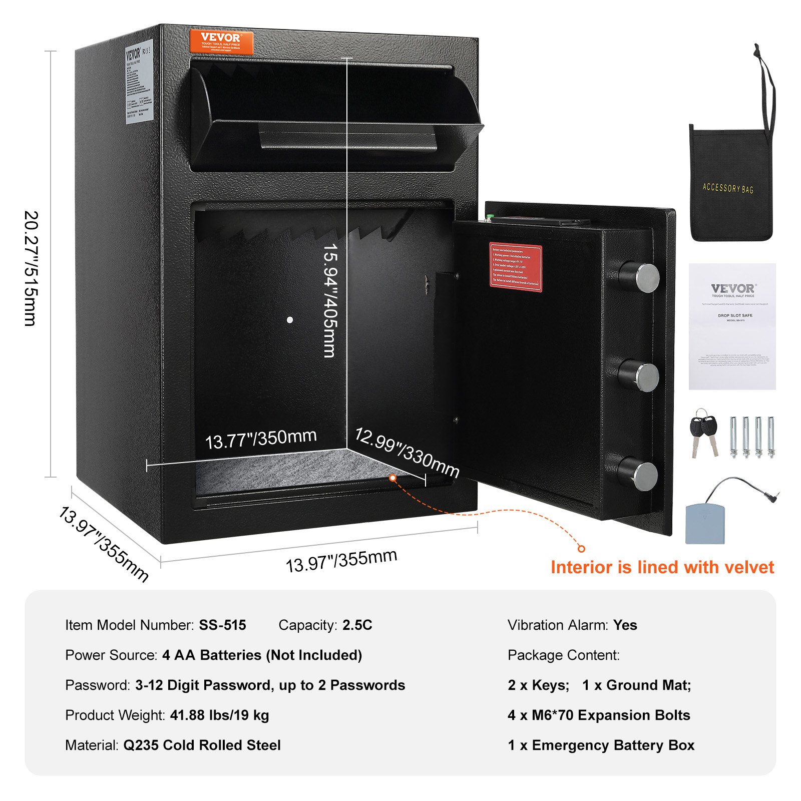 Caja fuerte de depósito VEVOR con dimensiones y accesorios del producto mostrados, puerta abierta que muestra el forro de terciopelo.