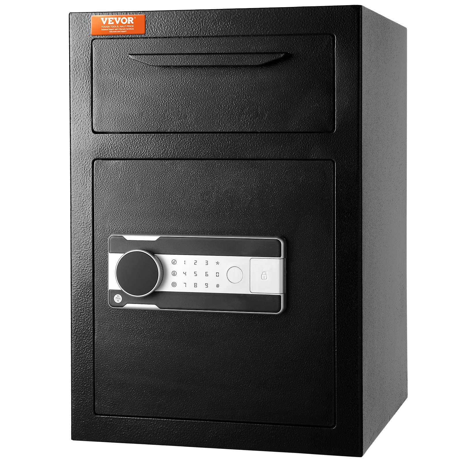 Caja fuerte de depósito VEVOR negra con teclado digital y cajón de seguridad.