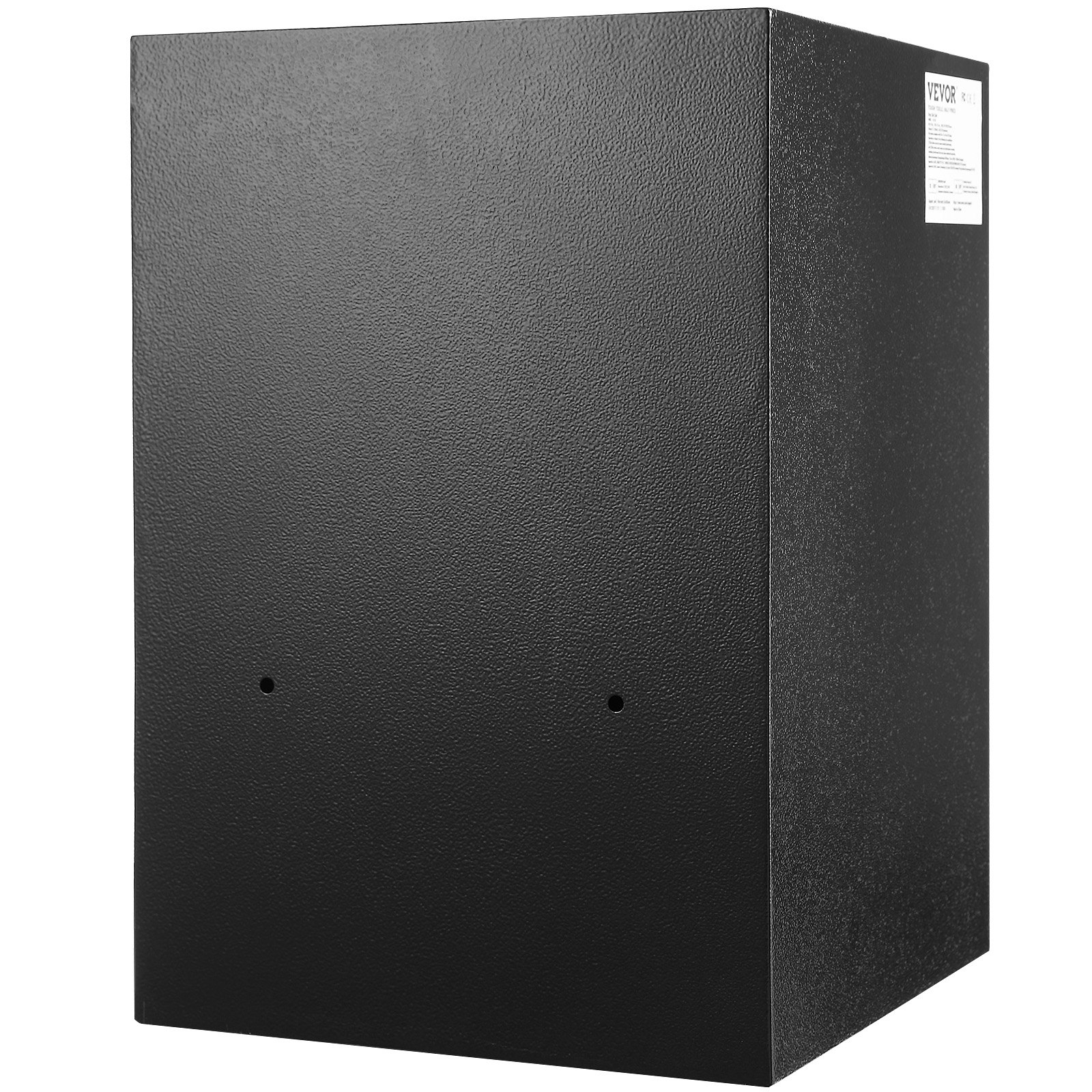 Caja fuerte de depósito VEVOR negra con superficie texturizada, orificios de montaje dobles y etiqueta en la parte superior derecha.